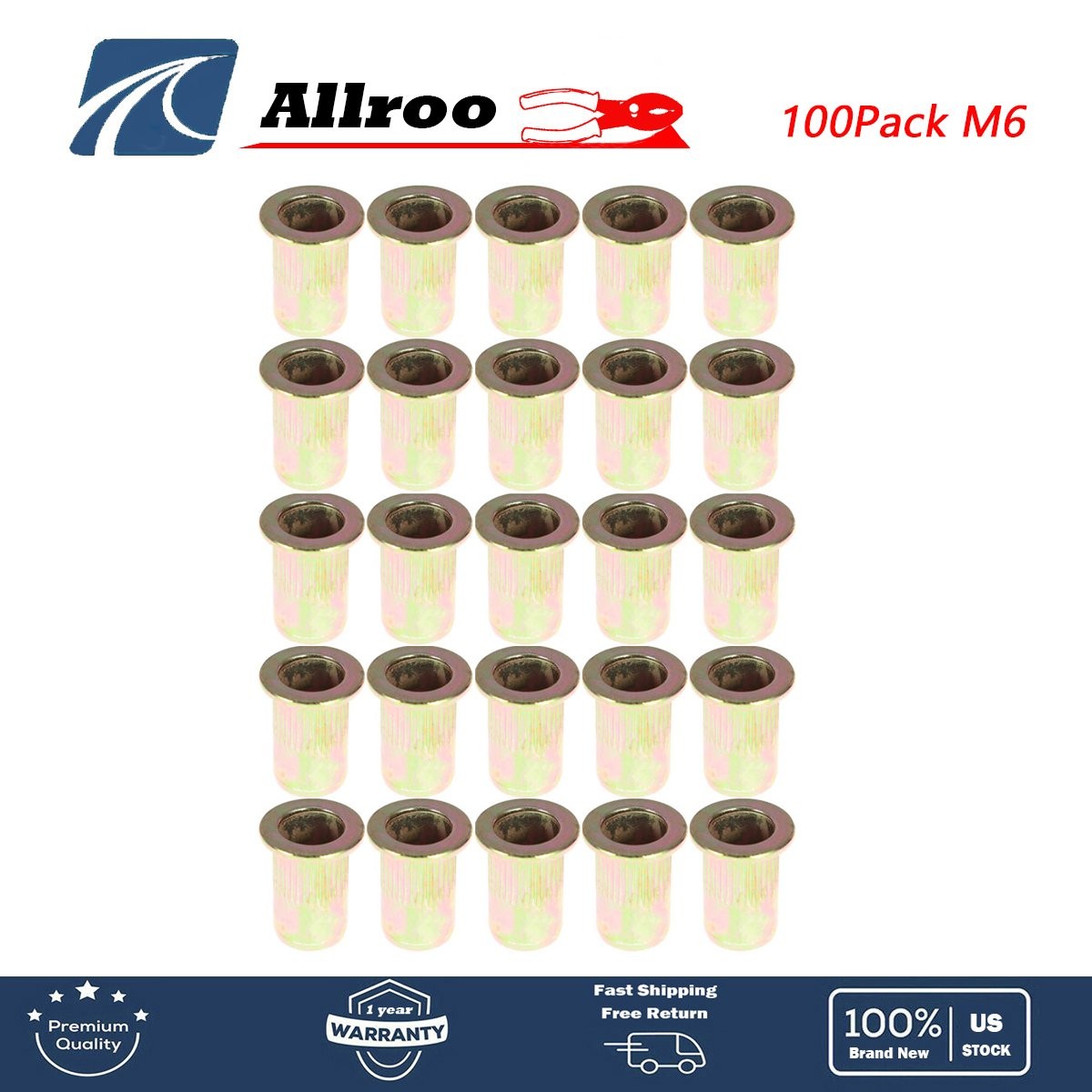 100 Pack Carbon Steel M6 Metric Rivet Nut Flat Head Threaded Insert Nutsert
