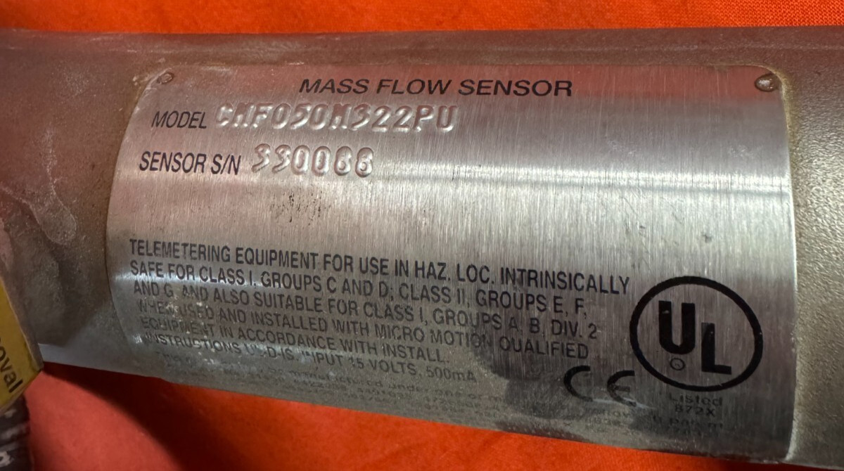 ELITE MICRO MOTION MASS FLOW SENSOR MODEL NO. CMF050M322PU S/N. 330088
