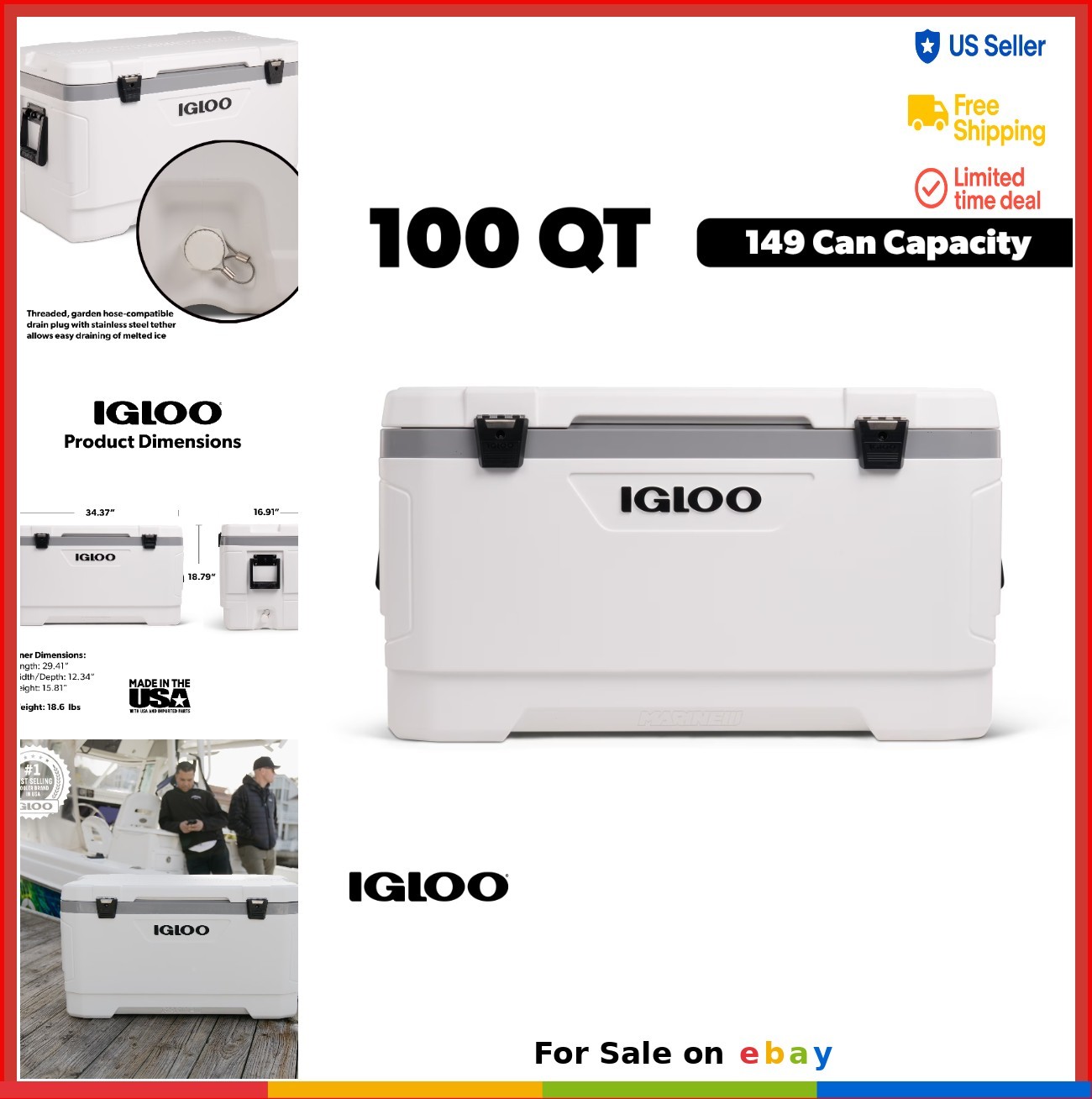 100 Quart Marine Cooler Hard Sided Ice Chest White Gray Boat Fishing UV