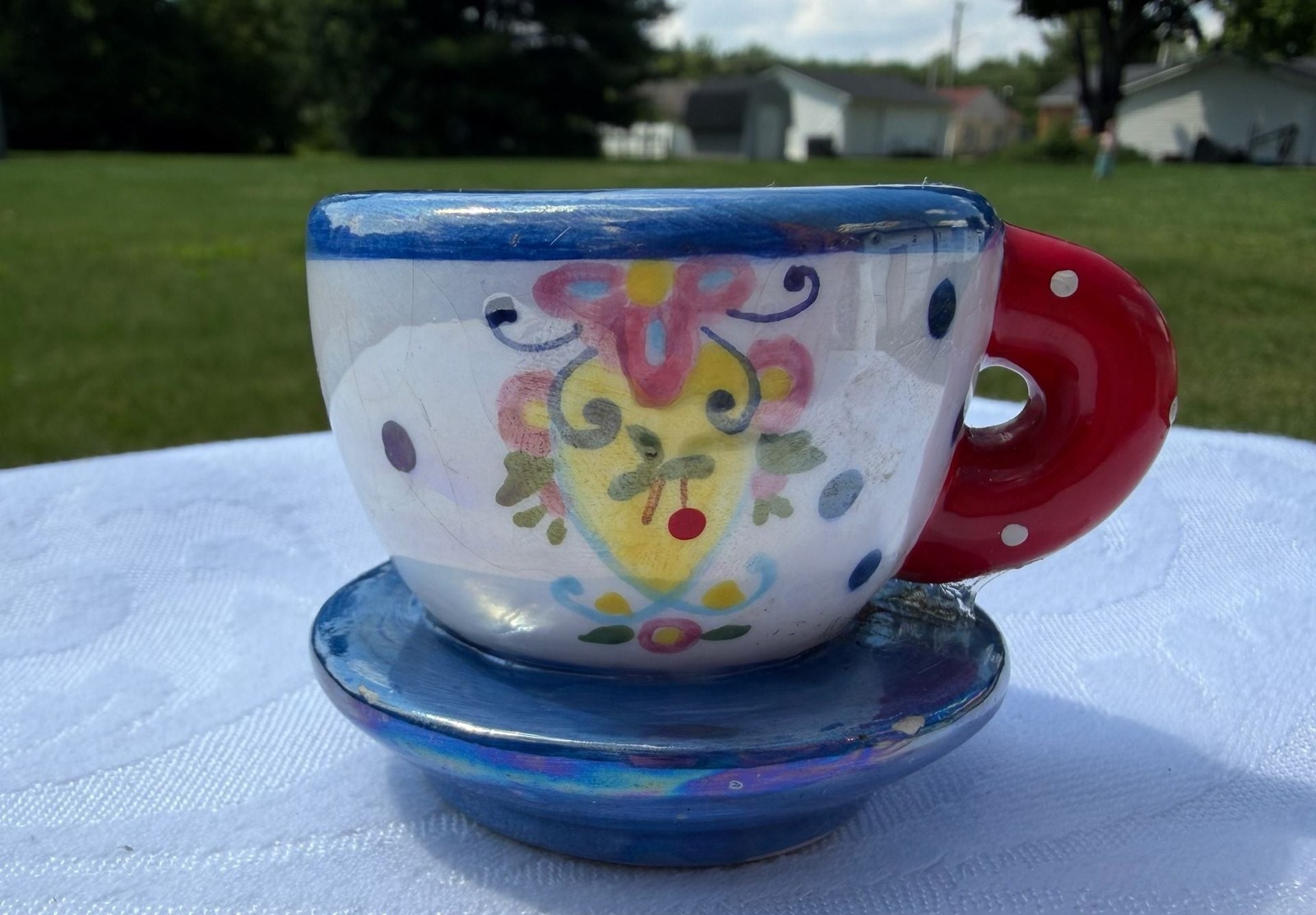 Whimsical Hand-Painted Ceramic Teacup Planter or Trinket Dish