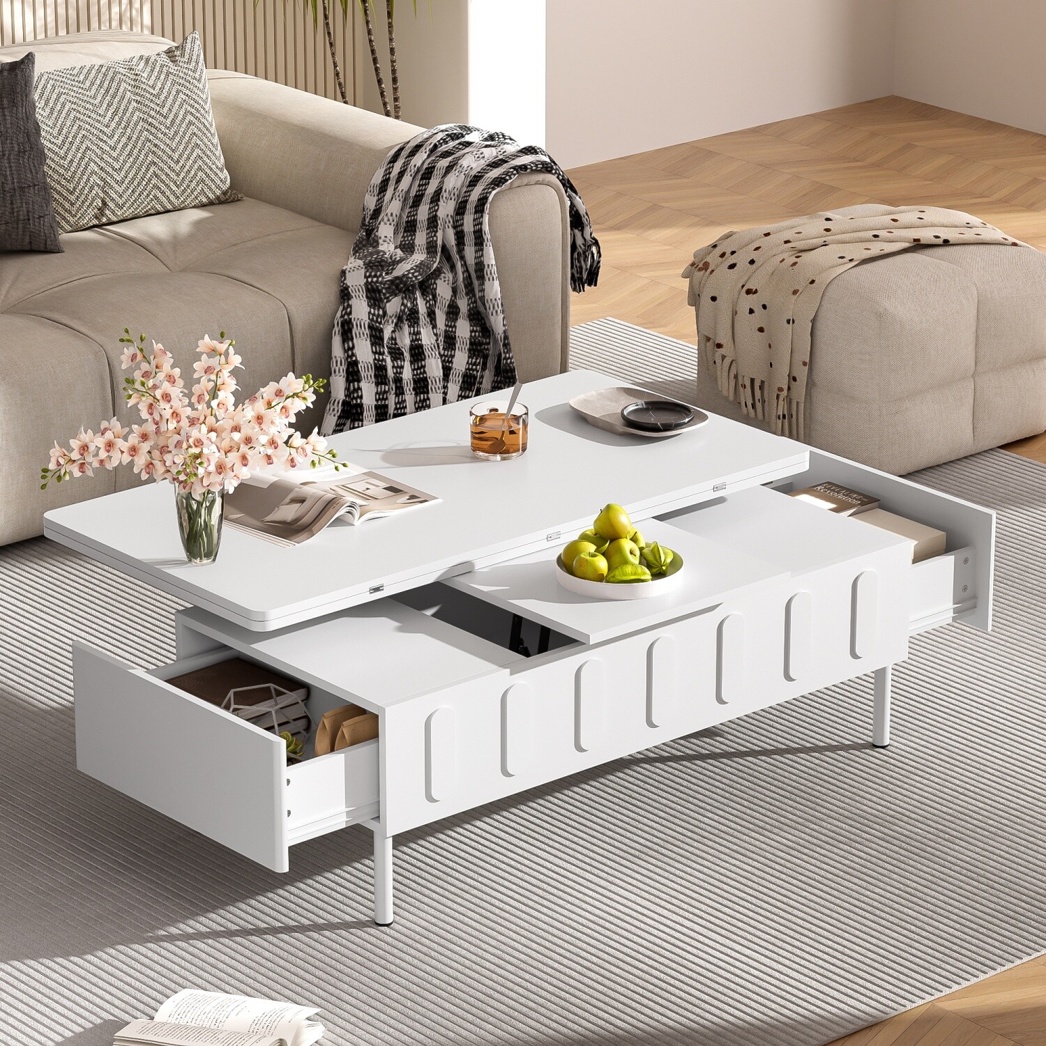 Modern Lift Top Coffee Table Center Cocktail Table with Foldable Top & 2 Drawers
