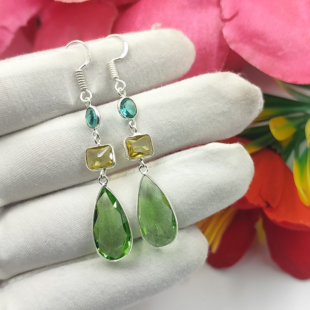 Green Peridot Gemstone Handmade 925 Sterling Silver Jewelry Earring Size-2.25"