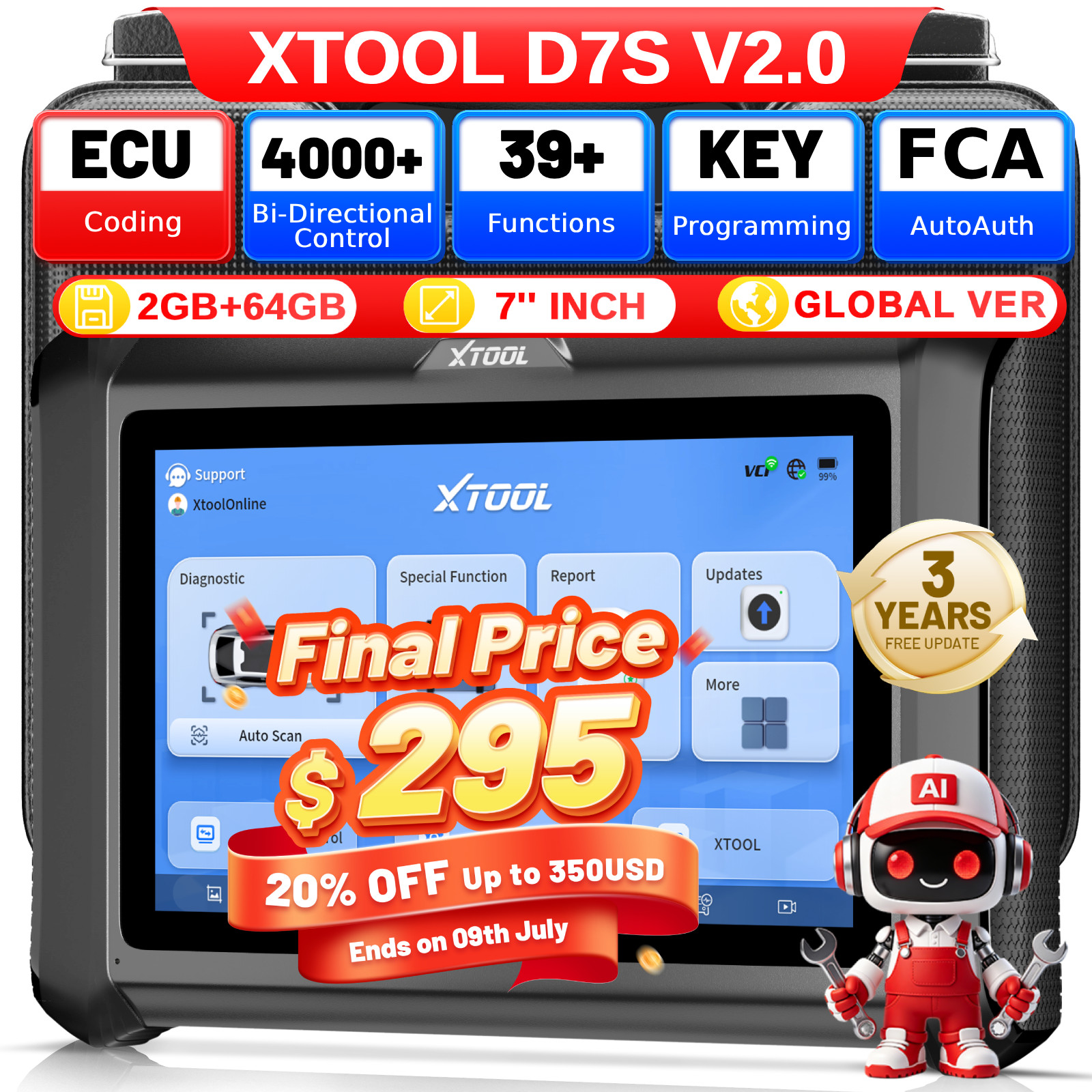 XTOOL D7S V2.0 Bidirectional Diagnostic Tool OBD2 Scanner ECU Coding 39 Services