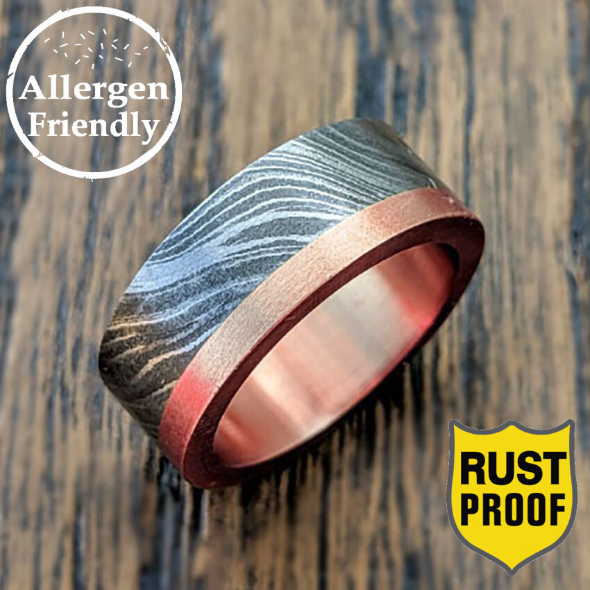 Customized Copper Sleeved Damascus Ring Steel Hand Forged Men Engagement Band