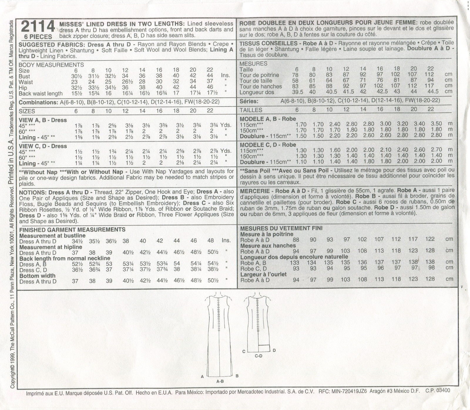 McCalls 2114 Dress Lined Misses Sewing Pattern Uncut