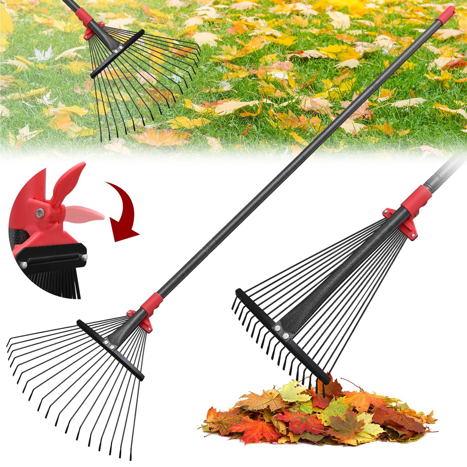 76Inch Adjustable Metal Leaf Rake, 18 Tines Heavy Duty 76 inch, Red