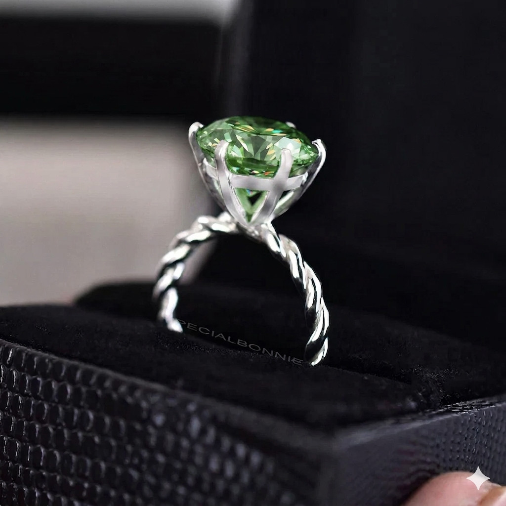 6.00 Ct Certified Leaf Green Diamond Ring, Free Diamond Studs