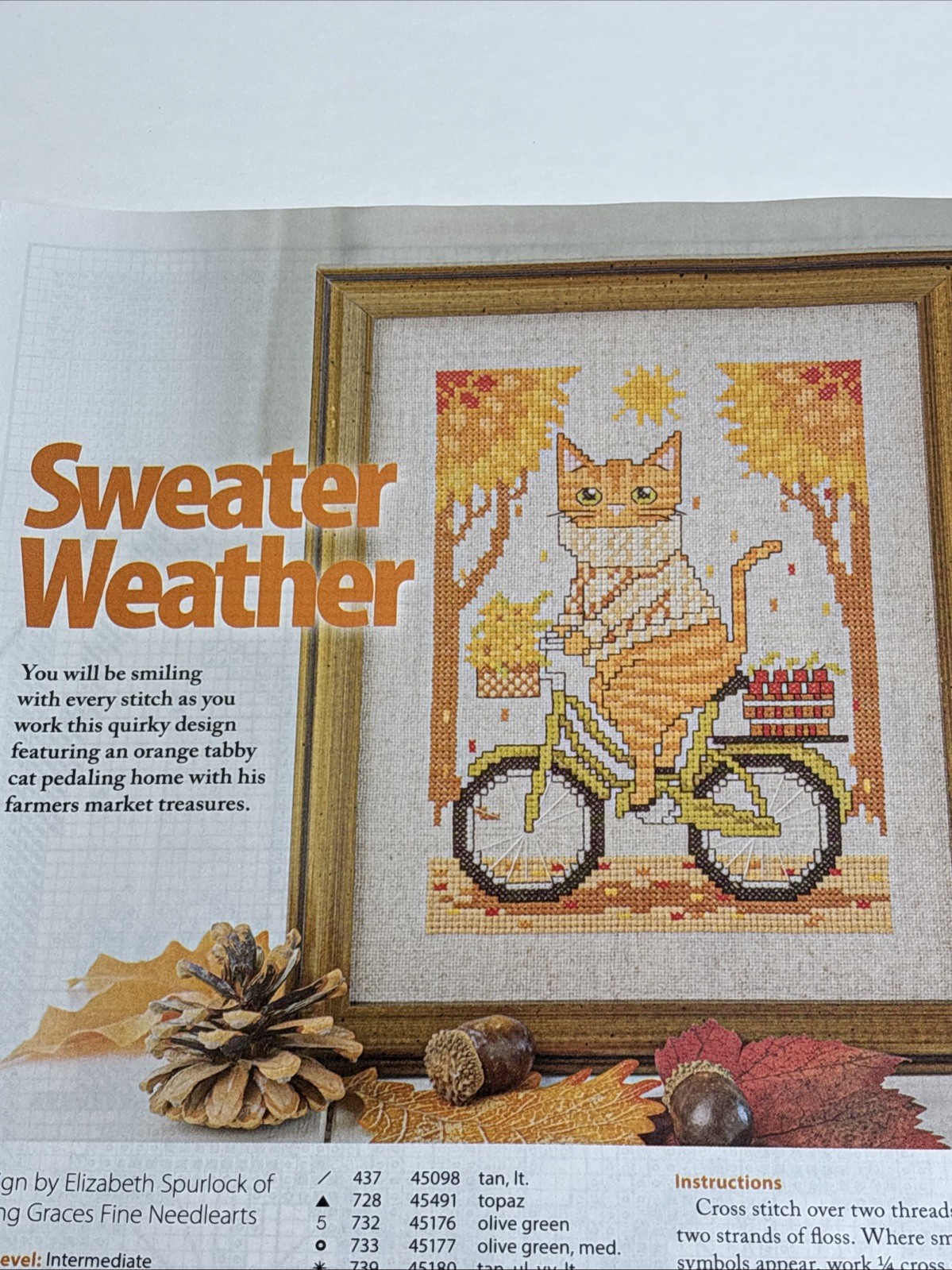 Sweater Weather Cat on Bike Cross Stitch Pattern Pages From Magazine