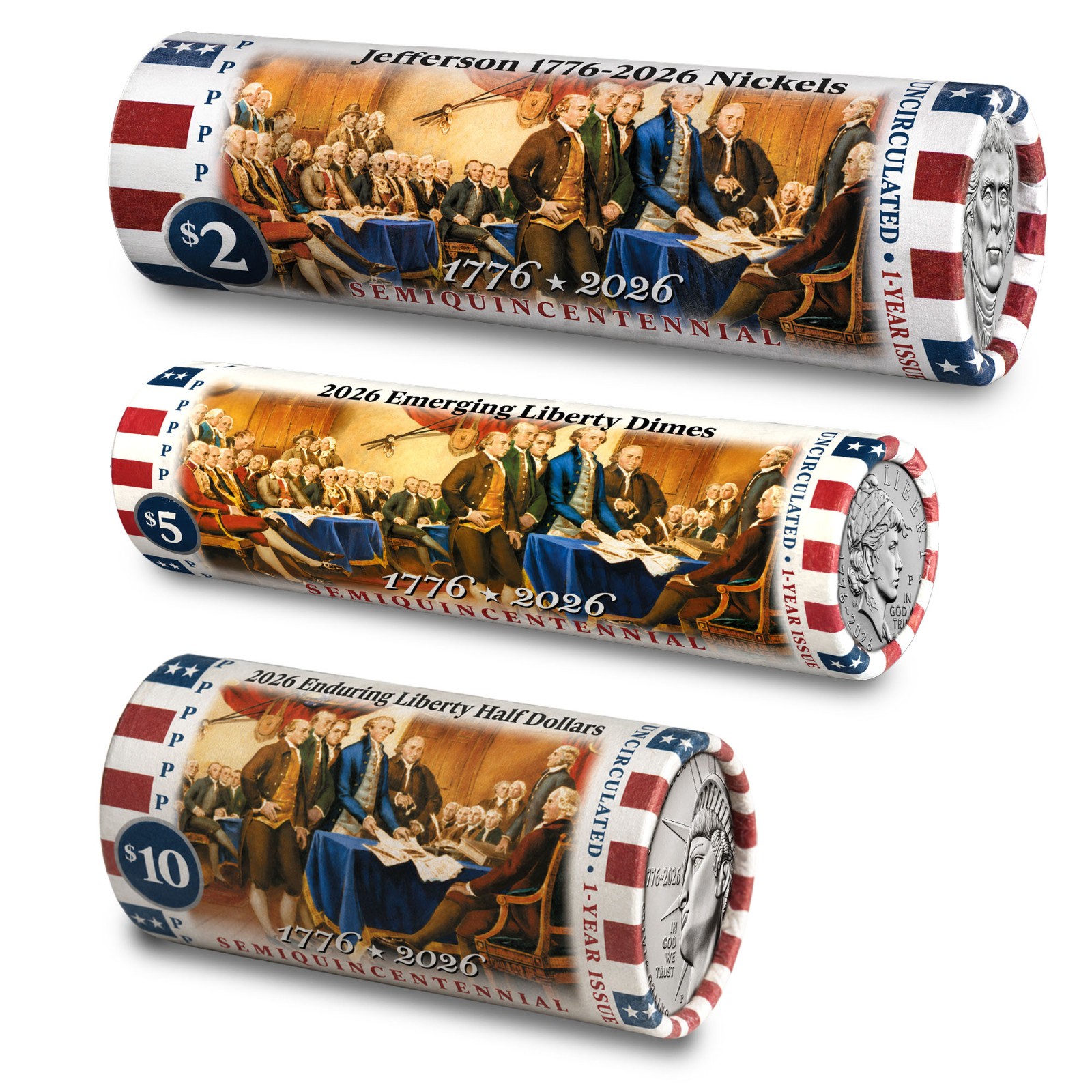 2026-P America 250 US Mint Liberty 3 Coin Roll Set Declaration Rolls BU 3 ROLLS