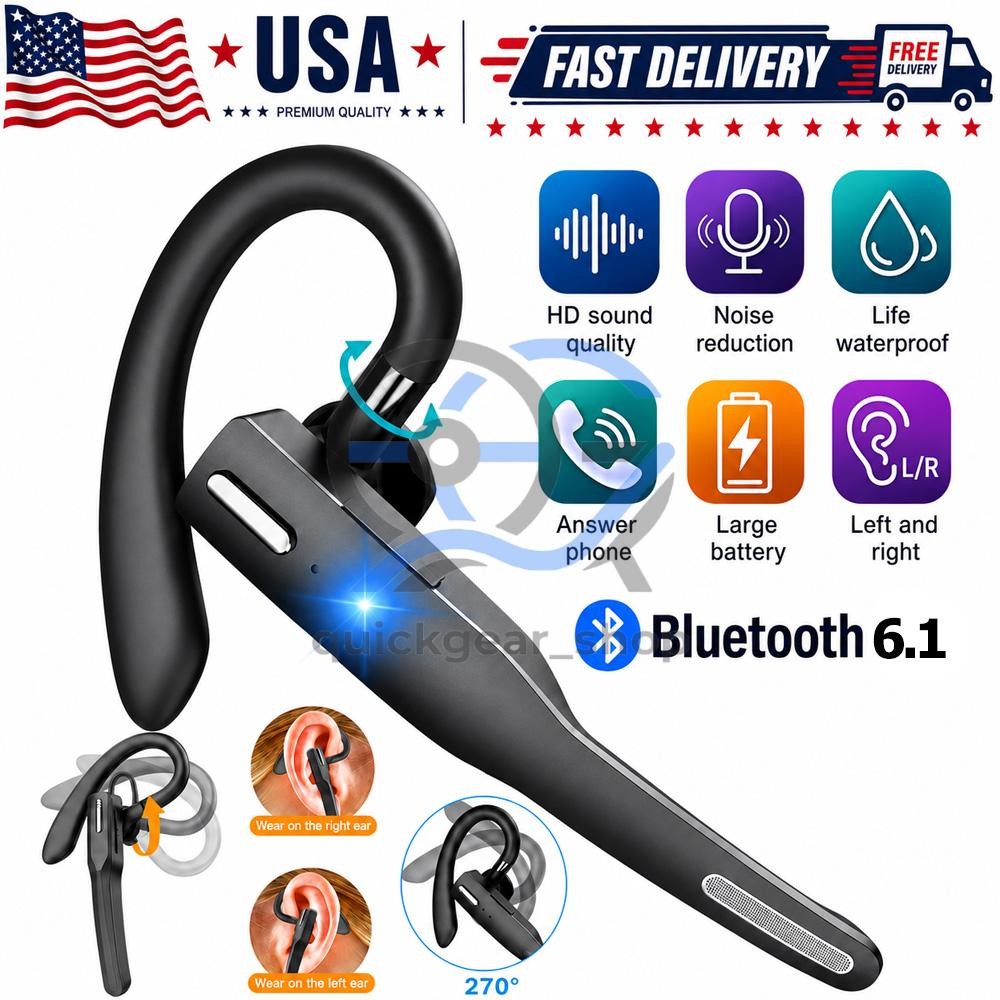 Bluetooth 6.1 Trucker Wireless Headset Earpiece Dual Mic Earbud Noise Cancelling