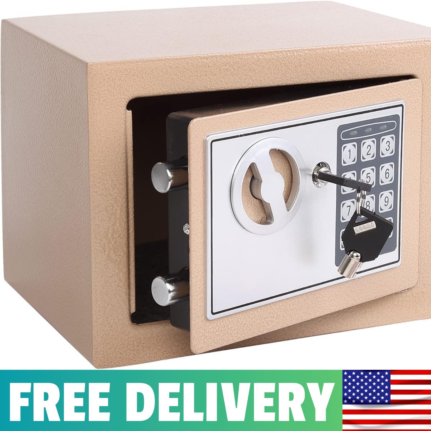 Small Steel Security Safe Box With Keypad,Key;0.23 Cu Ft, Gold | Electronic Digi