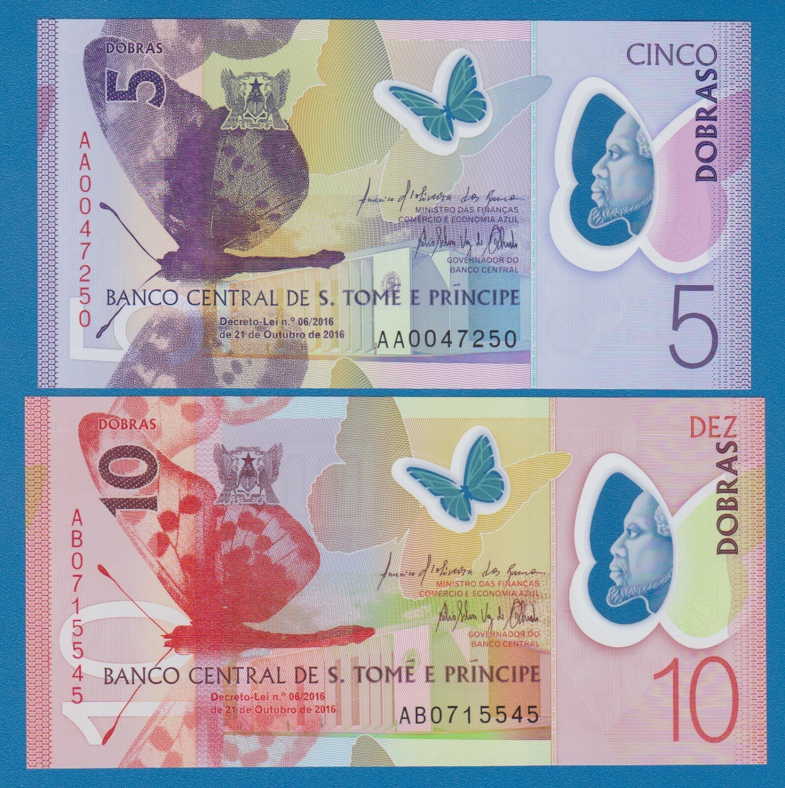 SAINT THOMAS AND PRINCE 2 Notes 5 + 10 P- 70 + 71 2016 UNC Polymer St. Tome &