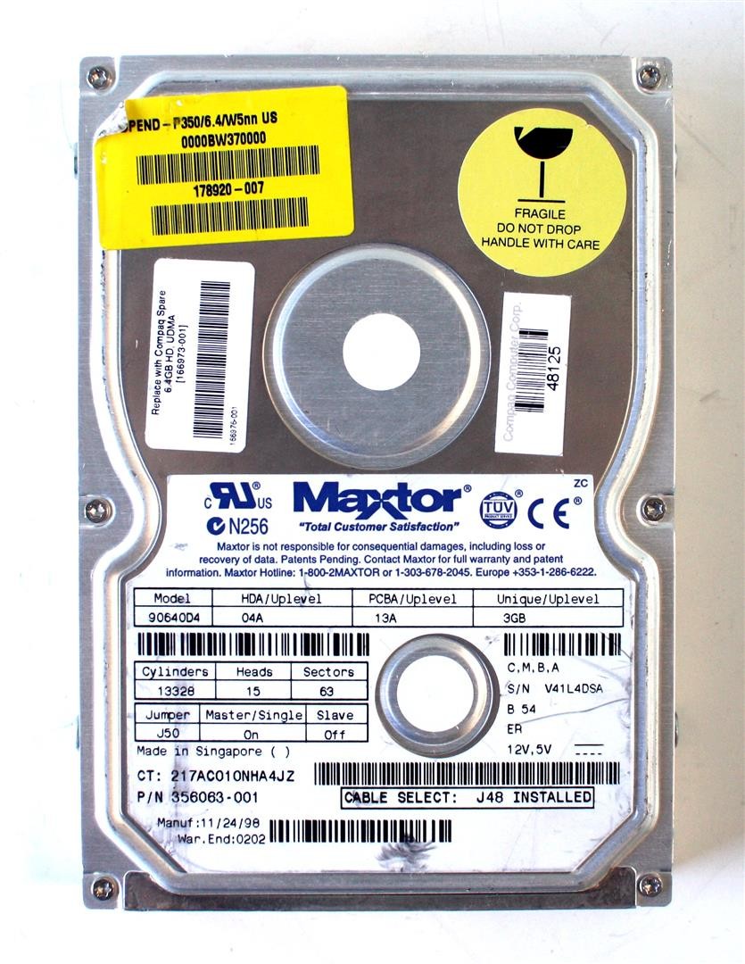 Maxtor 6.4gb, 90640d4 04a 13a 3gb c,m,b,a 356063-001; 166973-001