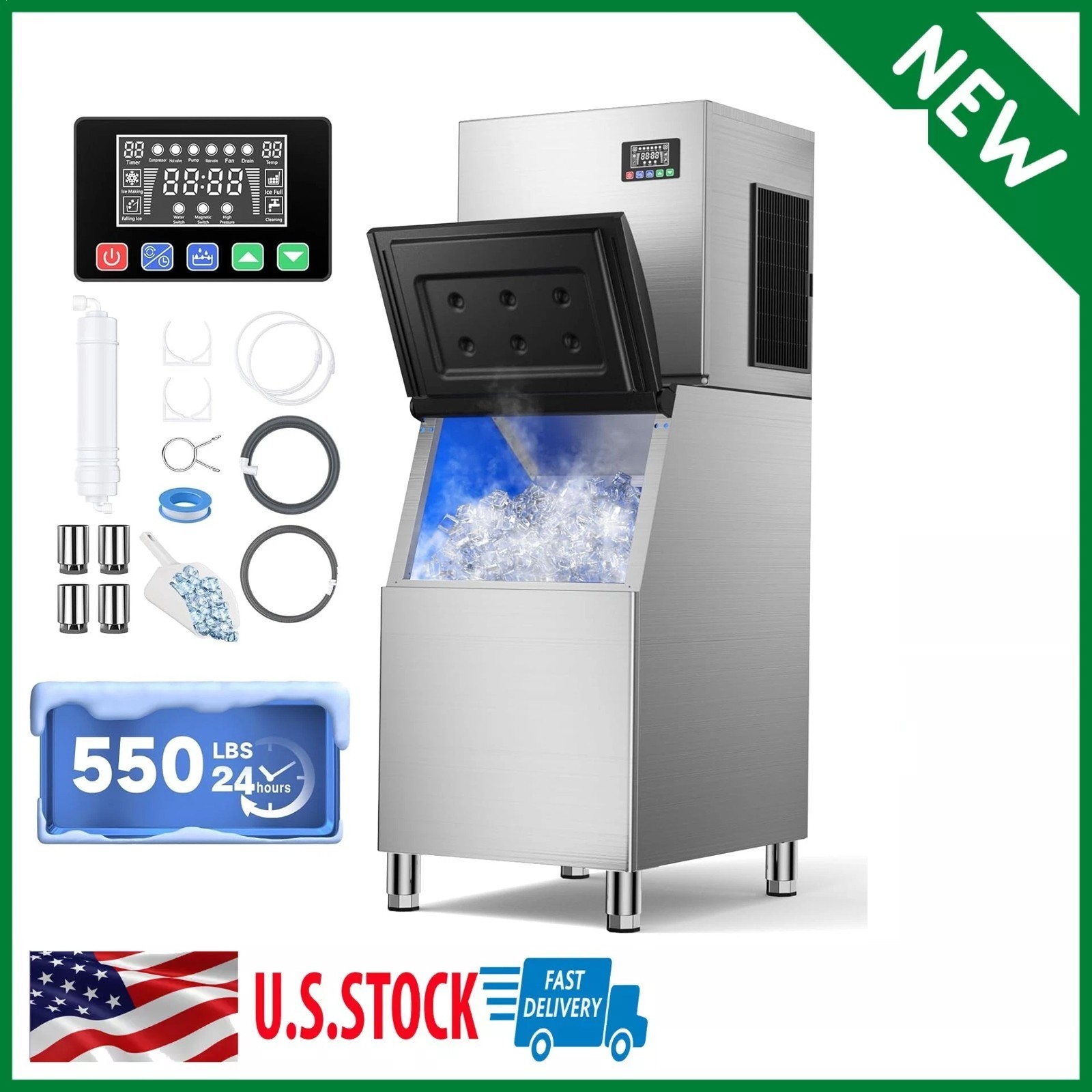 Heavy Duty 550Lbs/24H Commercial Ice Maker Machine 360Lbs Industrial Ice Machine