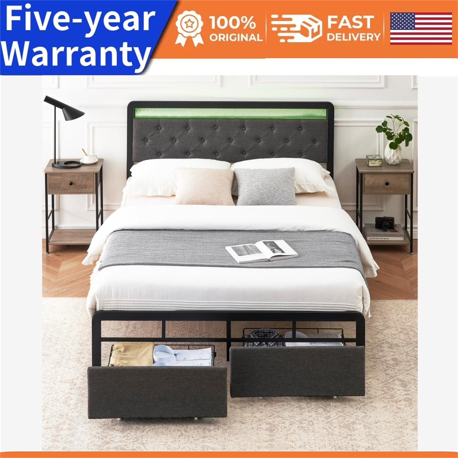 Upholstered Bed Frame with 2 Storage Drawers Queen Bed Frame with LED Lights
