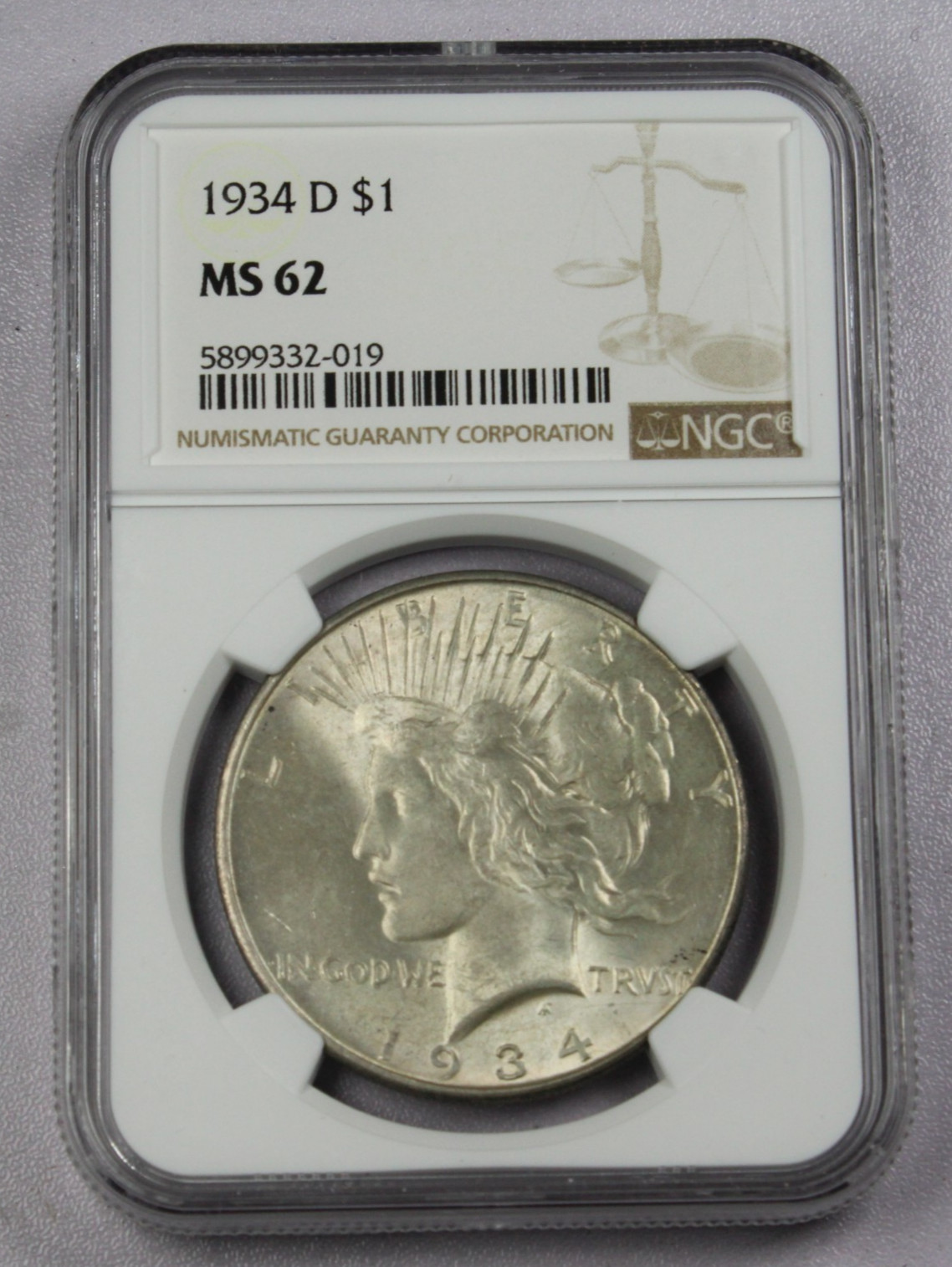 1934-D $1 Peace Silver Dollar NGC MS 62