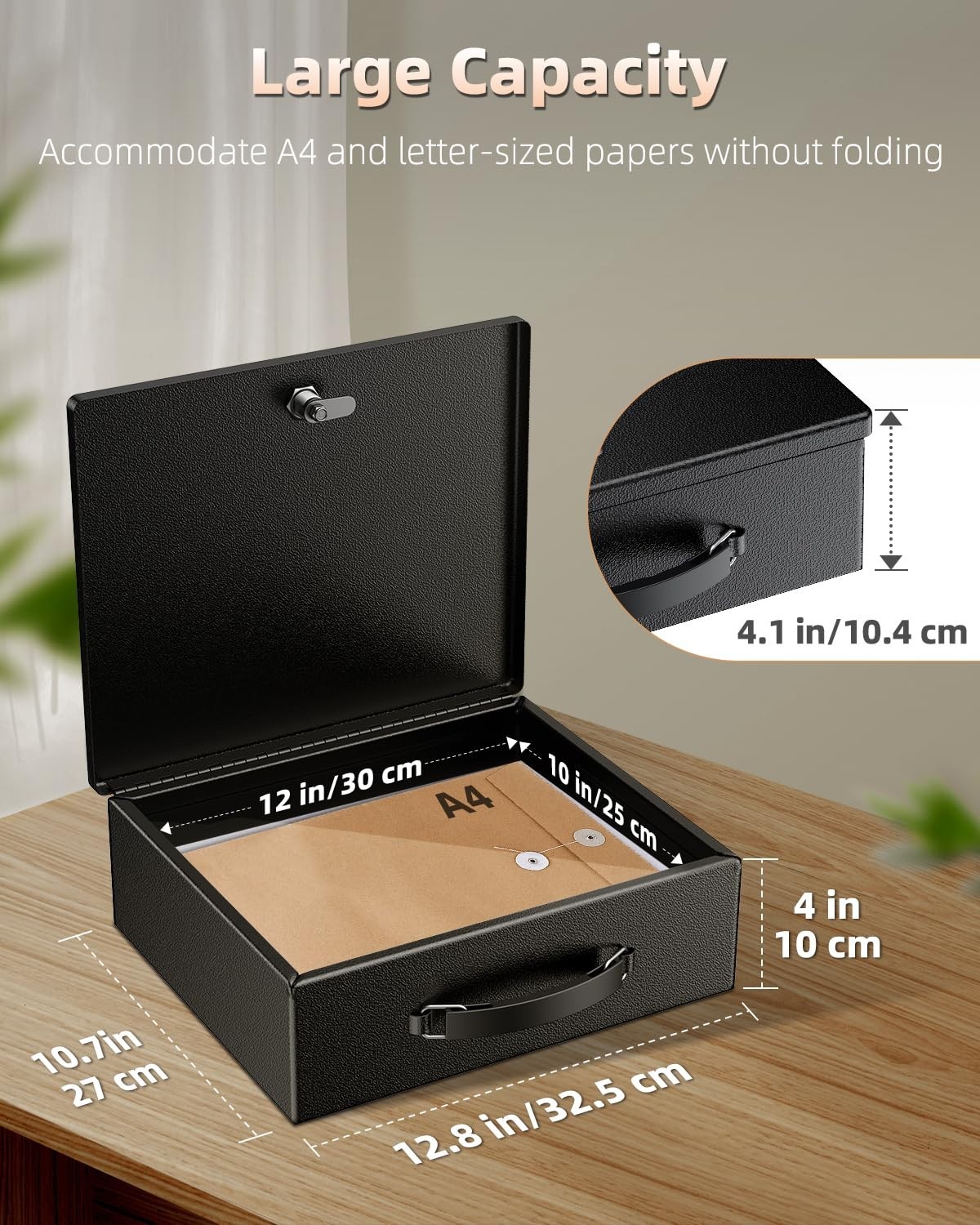 Fireproof Document Box with Key Lock & Handle - Water-Resistant Safe for Valuabl