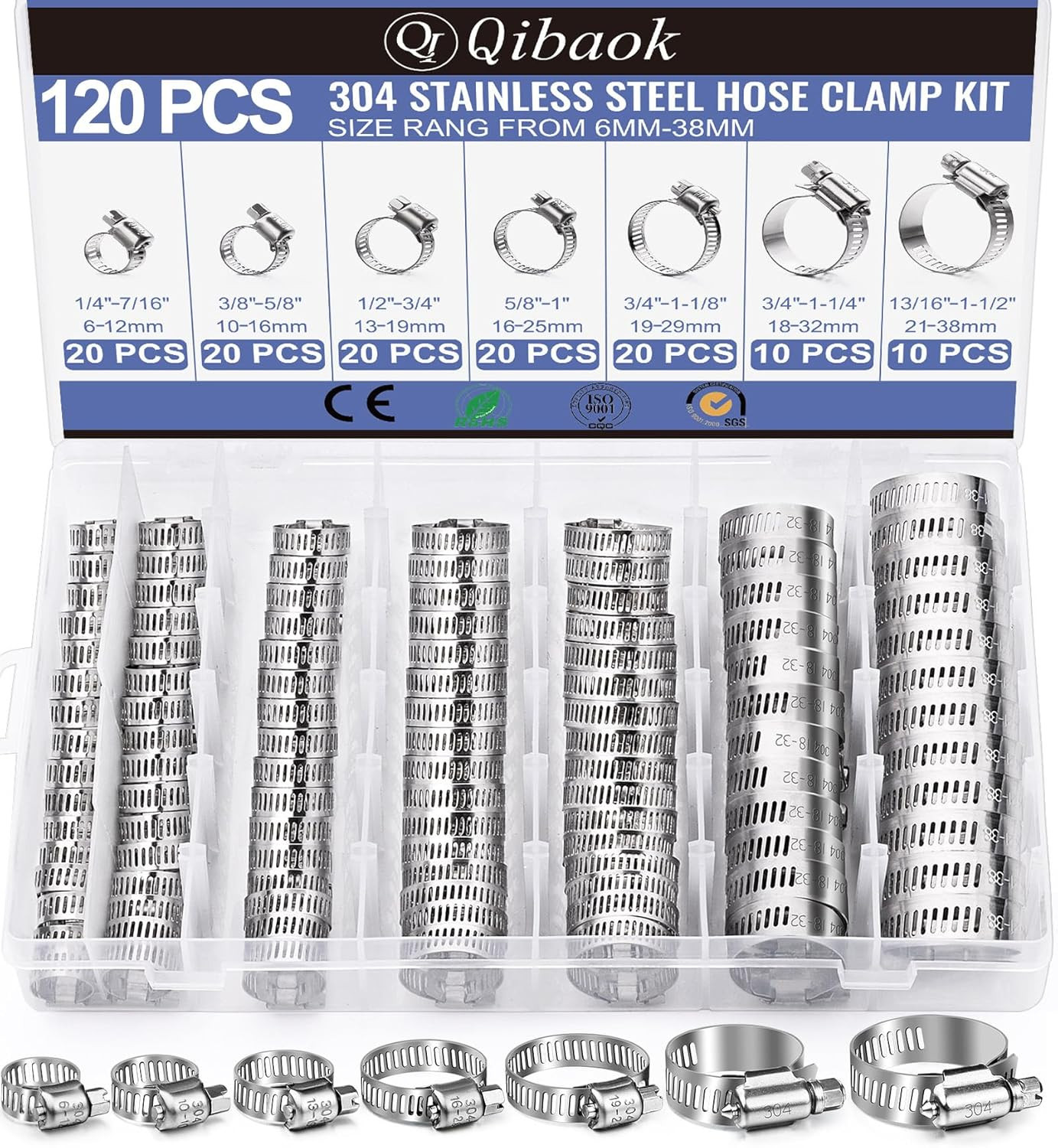 Hose Clamp- Qibaok 120 PCS Stainless Steel Hose Clamps Assortment Kit 1/4''–1