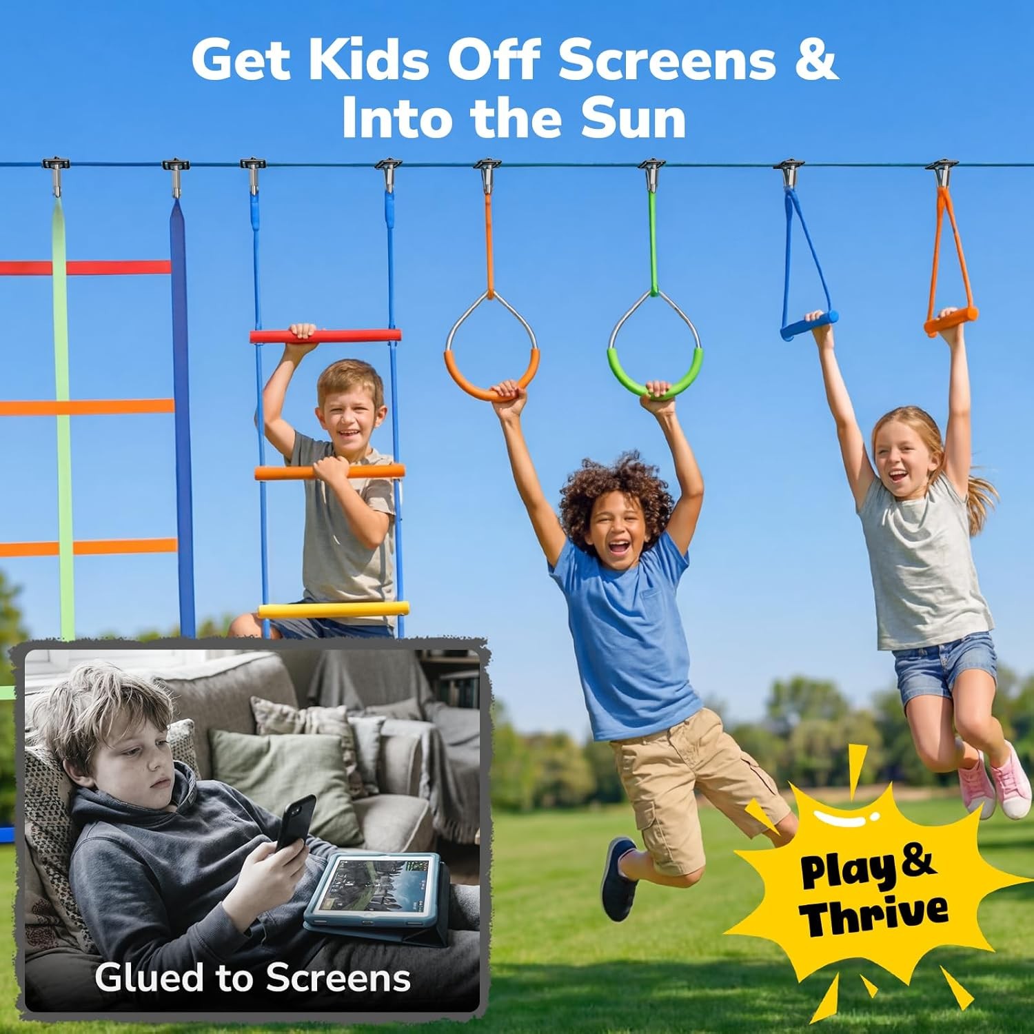 2X 50ft Ninja Warrior Obstacle Course for Kids Slackline w/ Monkey Bars Climbing