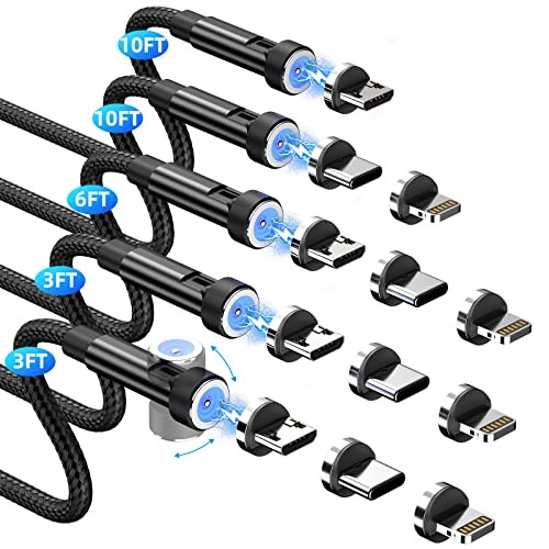 Magnetic Charging Cable [5-Pack,3/3/6/10/10FT] 3 in 1 Magnetic Phone Black