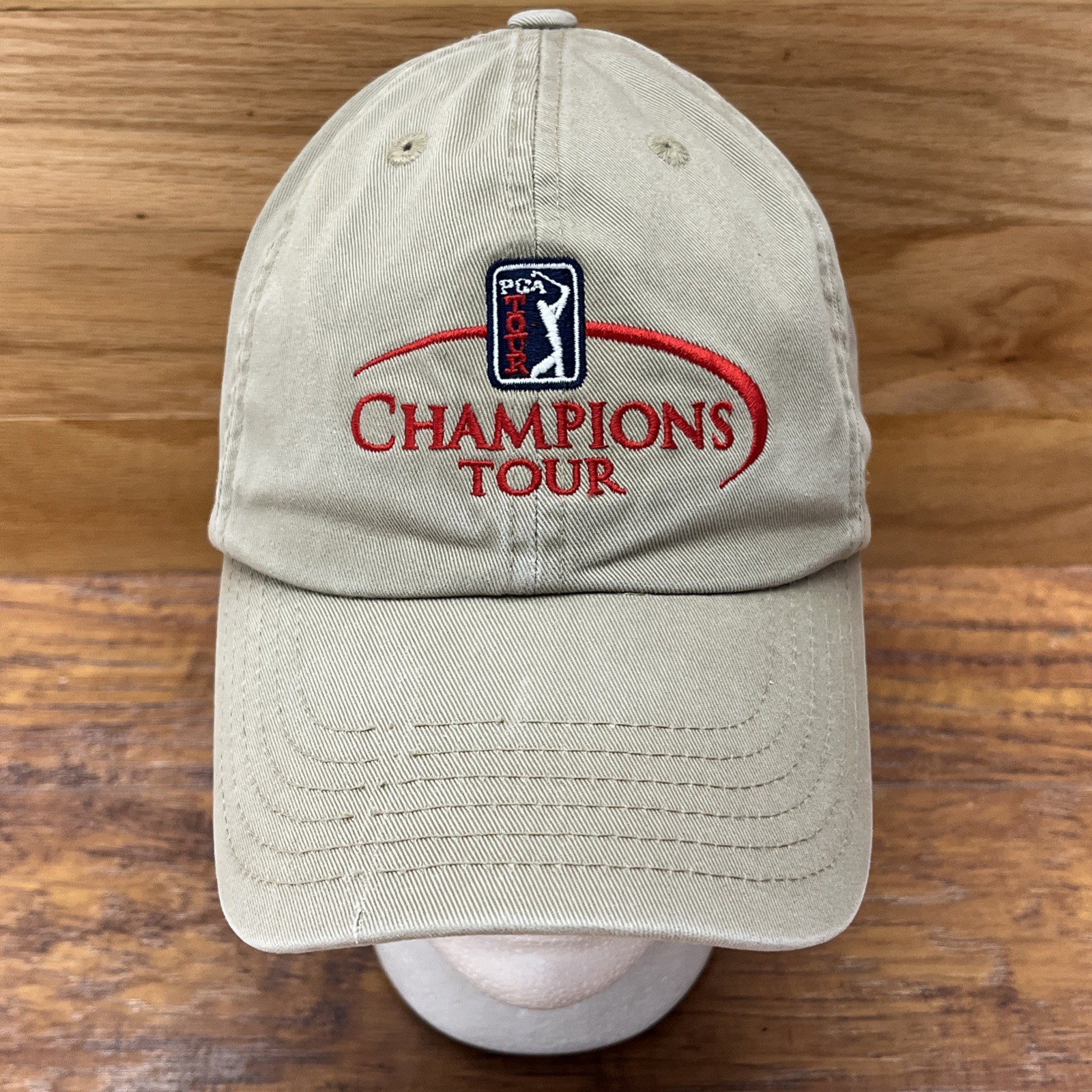 PGA Tour Champions Tour Hat Beige Adjustable Strapback Embroidered Logo Golf Cap