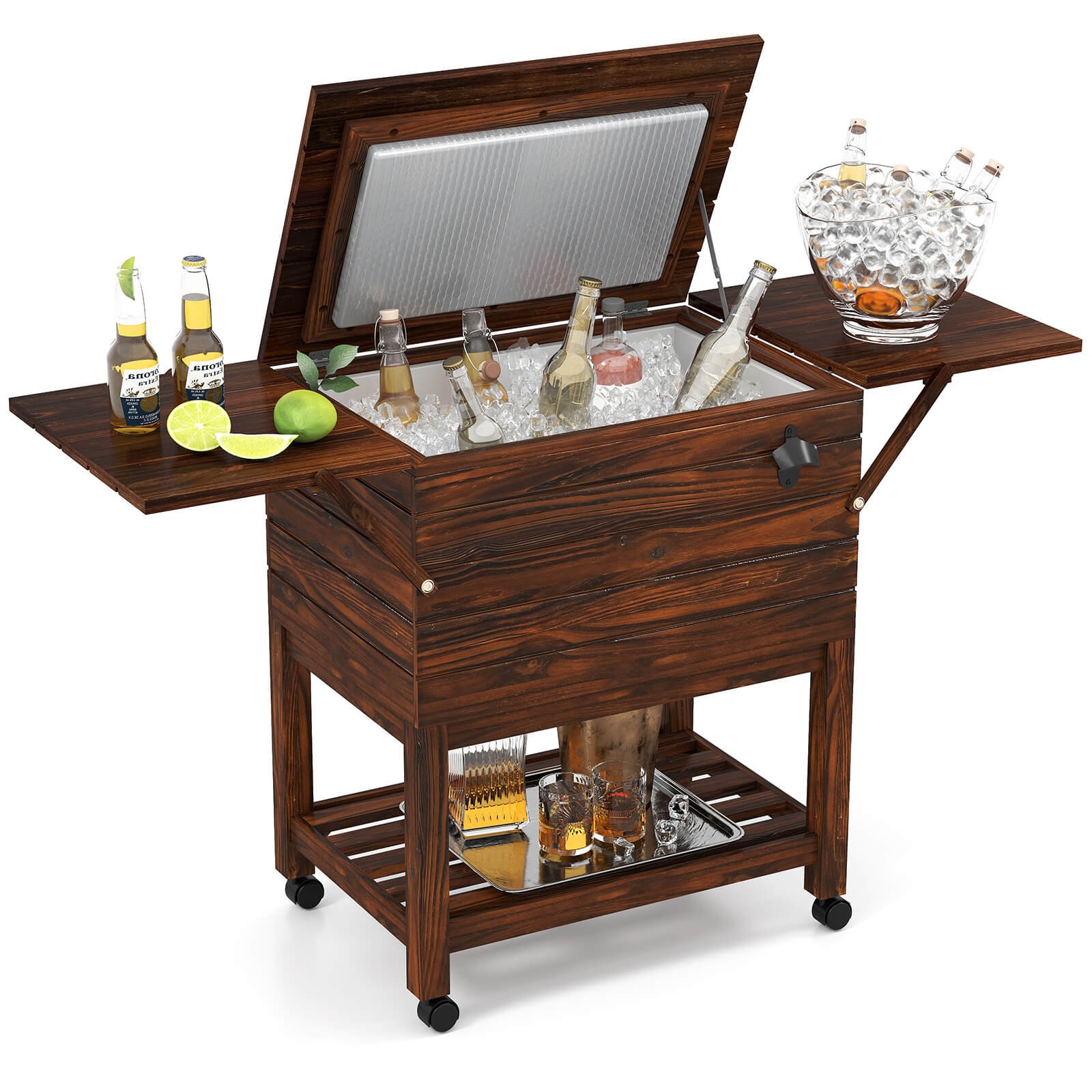 54 Quart Rolling Wooden Patio Cooler Cart with 2 Drop Leaf Tables Bottle Opener