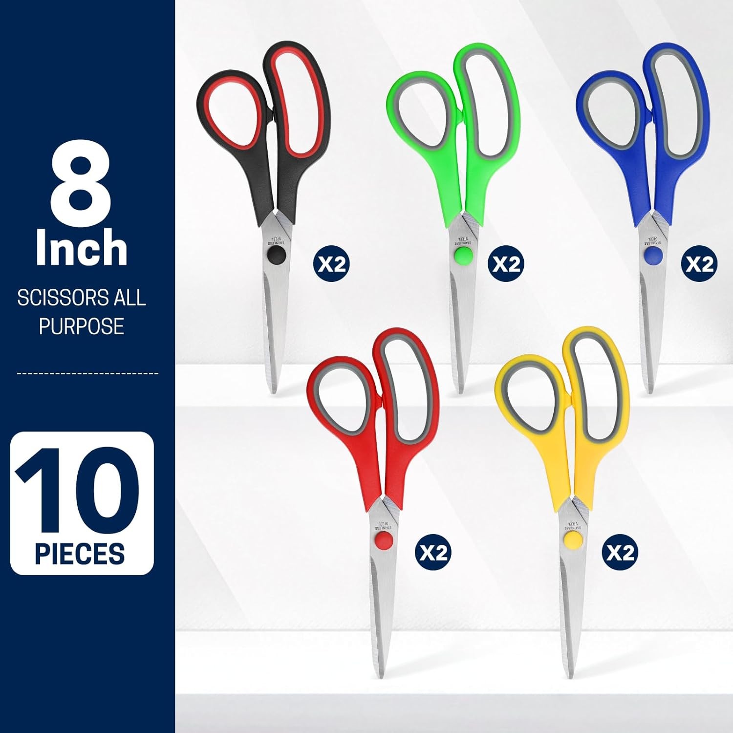 8" 10 Pack All Purpose Heavy Duty Scissors Comfort-Grip Sharp Scissors