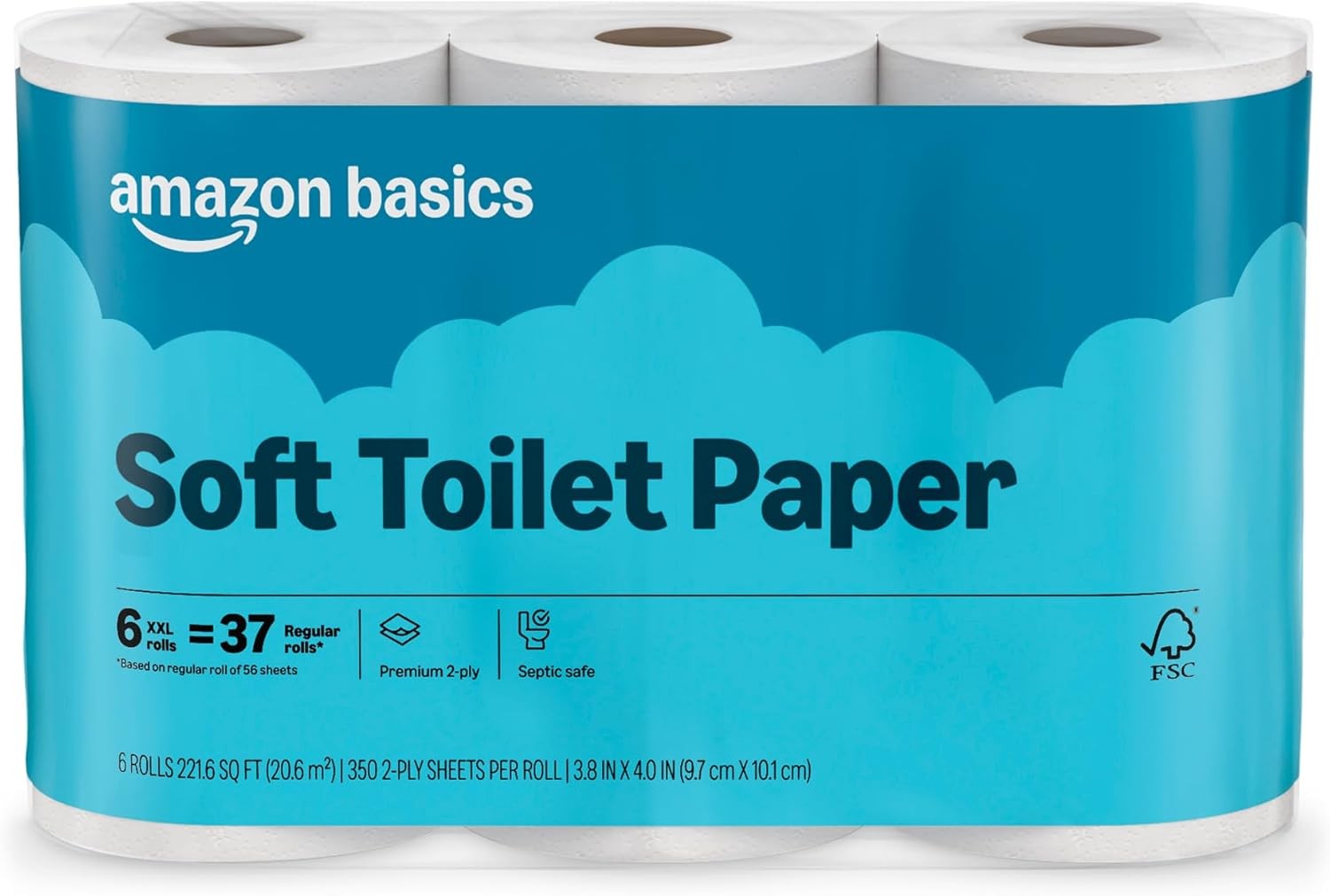 2-Ply Soft Toilet Paper, 6 Rolls, 350 Sheets per Roll, Equivalent to 37 Regular