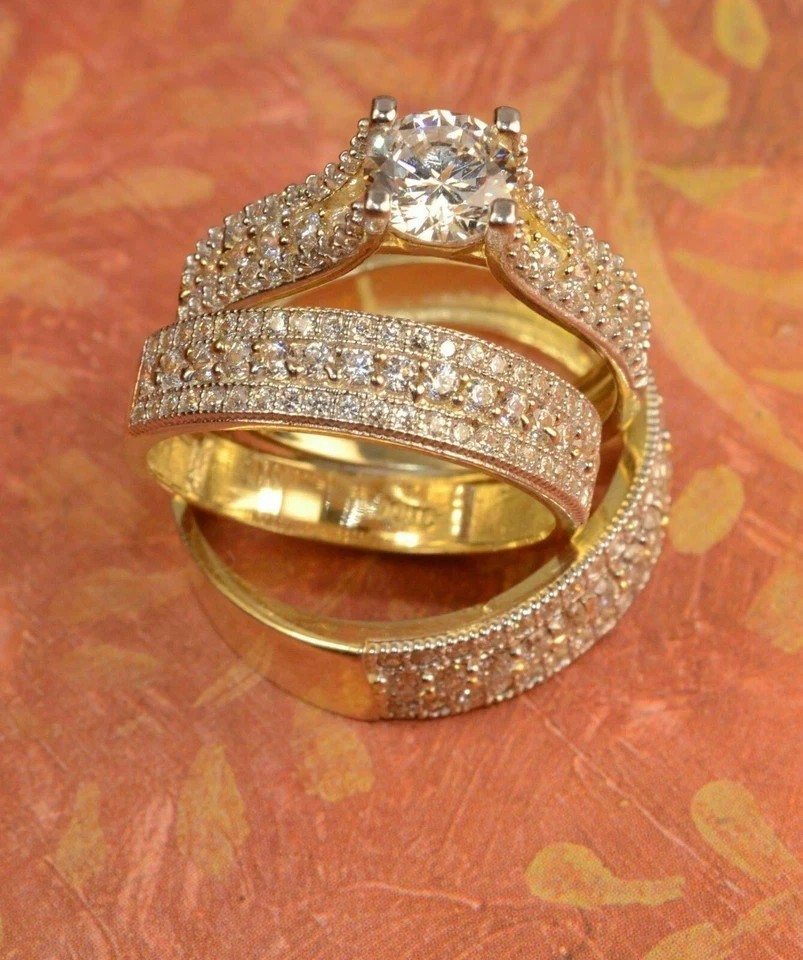 14K Yellow Gold Plated Trio His Her Bridal Wedding Band Lab-Created Ring Set