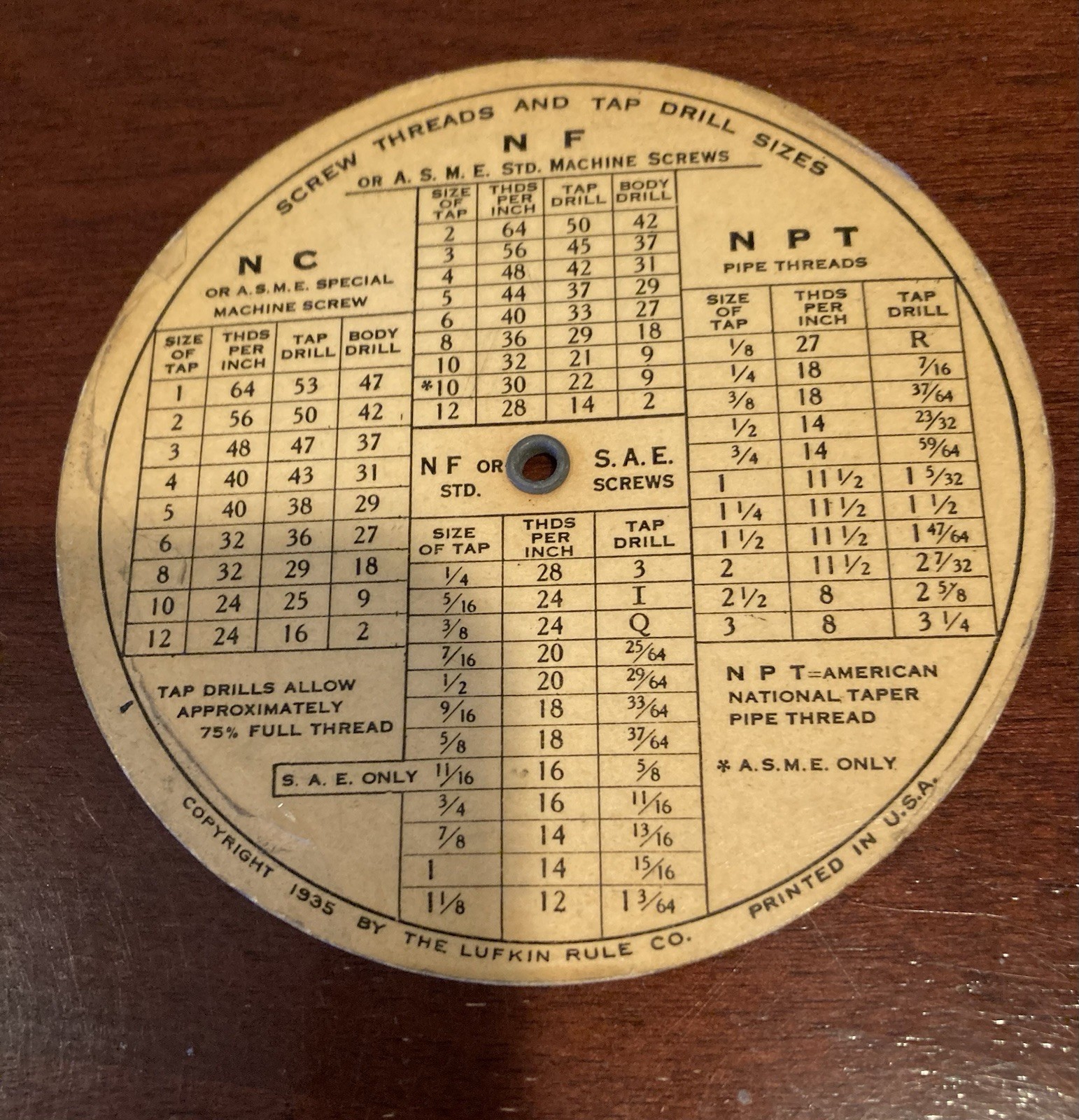 Vintage 1935 Lufkin Tools Wheel Chart Calculator Screw Threads Tap Drill Sizes