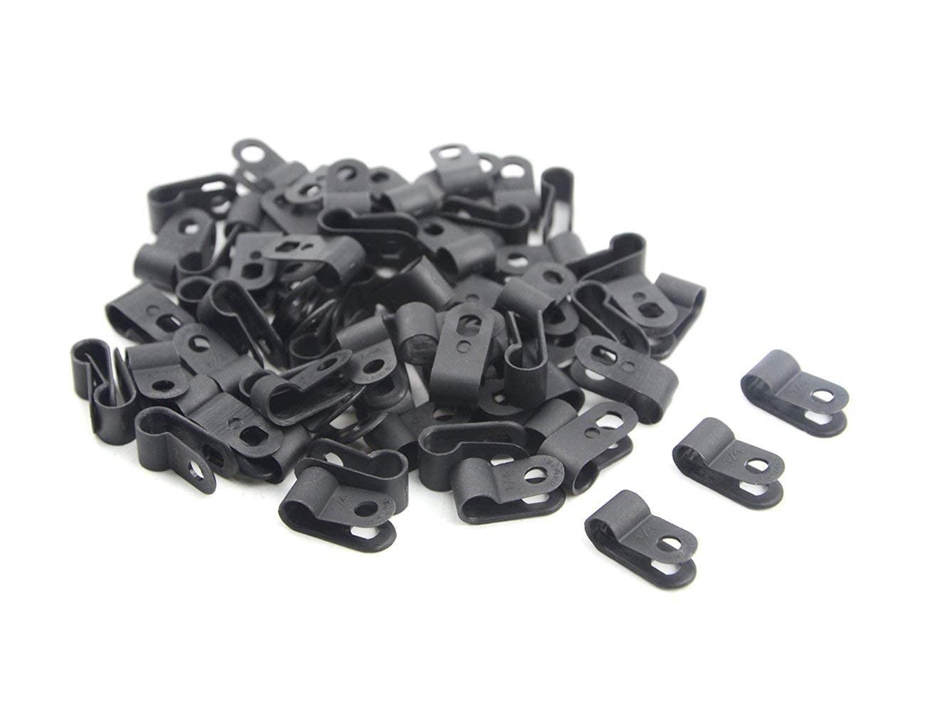 200 PCS 1/4" Nylon Cable Clamps Assortment R-Type Cable Clips Kit Black Plastic