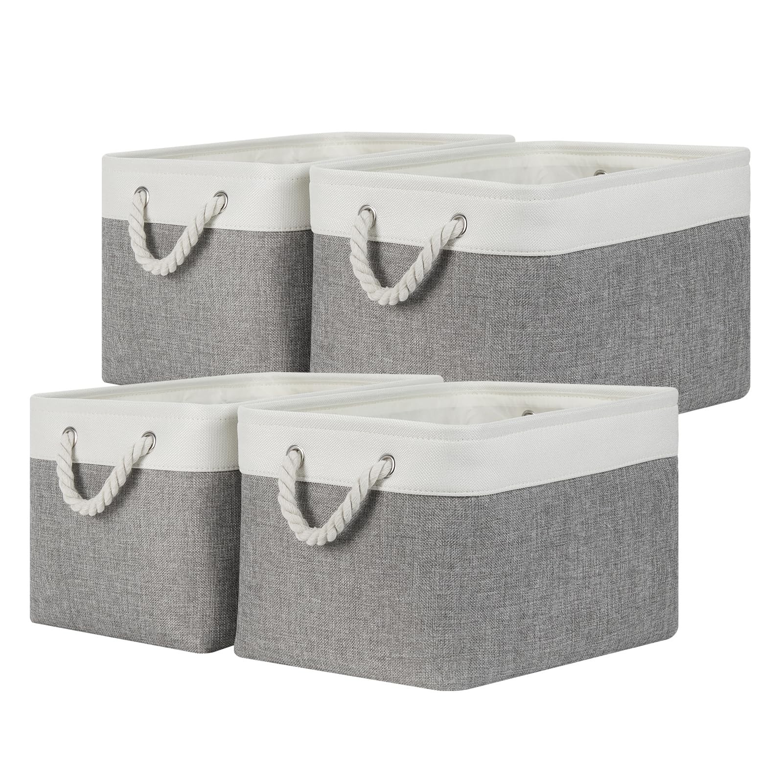 4 PCS Fabric Storage Baskets Bins Rope Handle 15x11x9.5 Inch White Gray