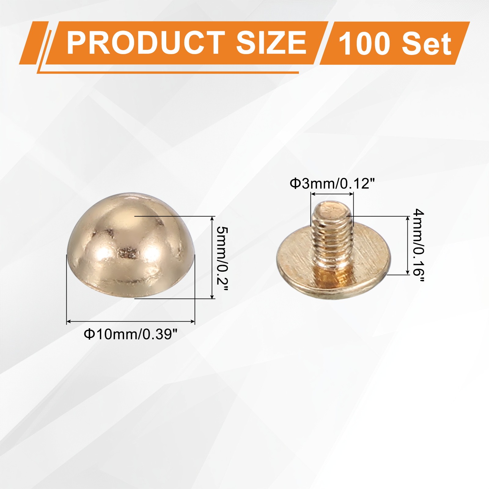 For Crafts, 100 Sets 3/8" Riveted Dome Nails, Light Gold