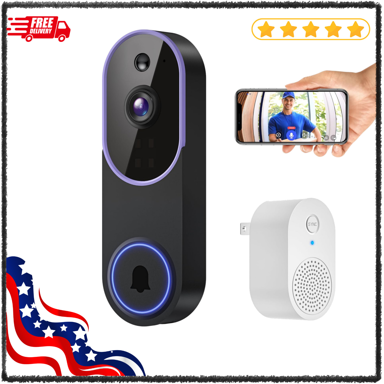 WiFi Ring Doorbell 1080P HD Security Camera Wireless Door Bell Camera With Chime