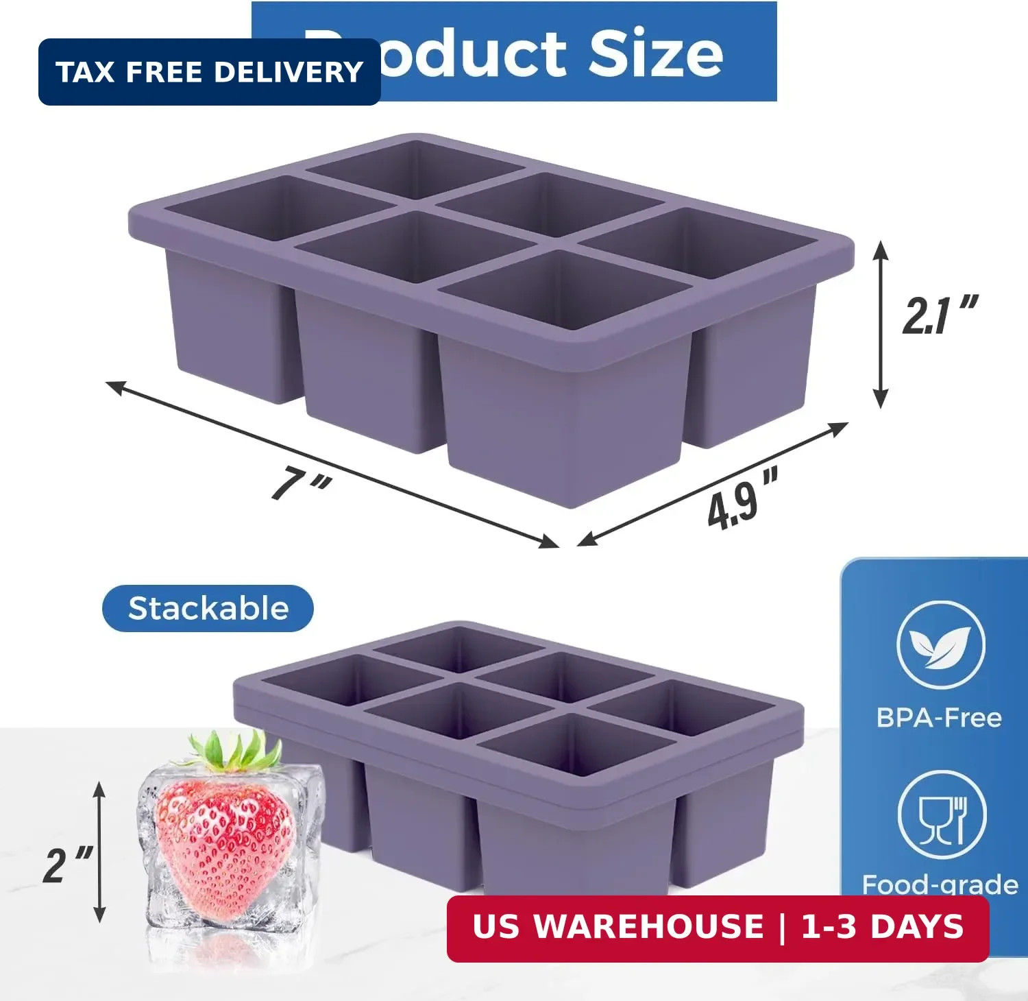 Large Silicone Ice Cube Trays with Lids, 2 Pack, Makes 2-Inch Cubes | Ea