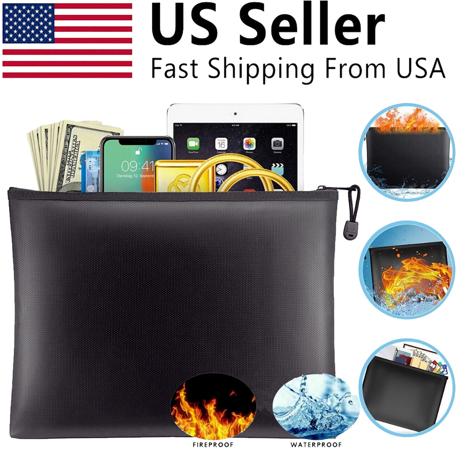 2000℉ Fire Proof money Bag Fireproof Document Pouch Waterproof Safe Cash Bag US