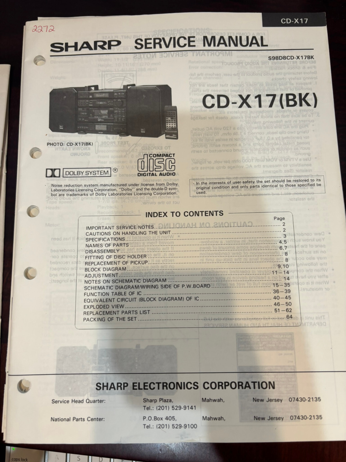 ORIG. SHARP CD-X17  CD-X17 (BK) CDX17 BK Repair & Service Manual ORIGINAL*