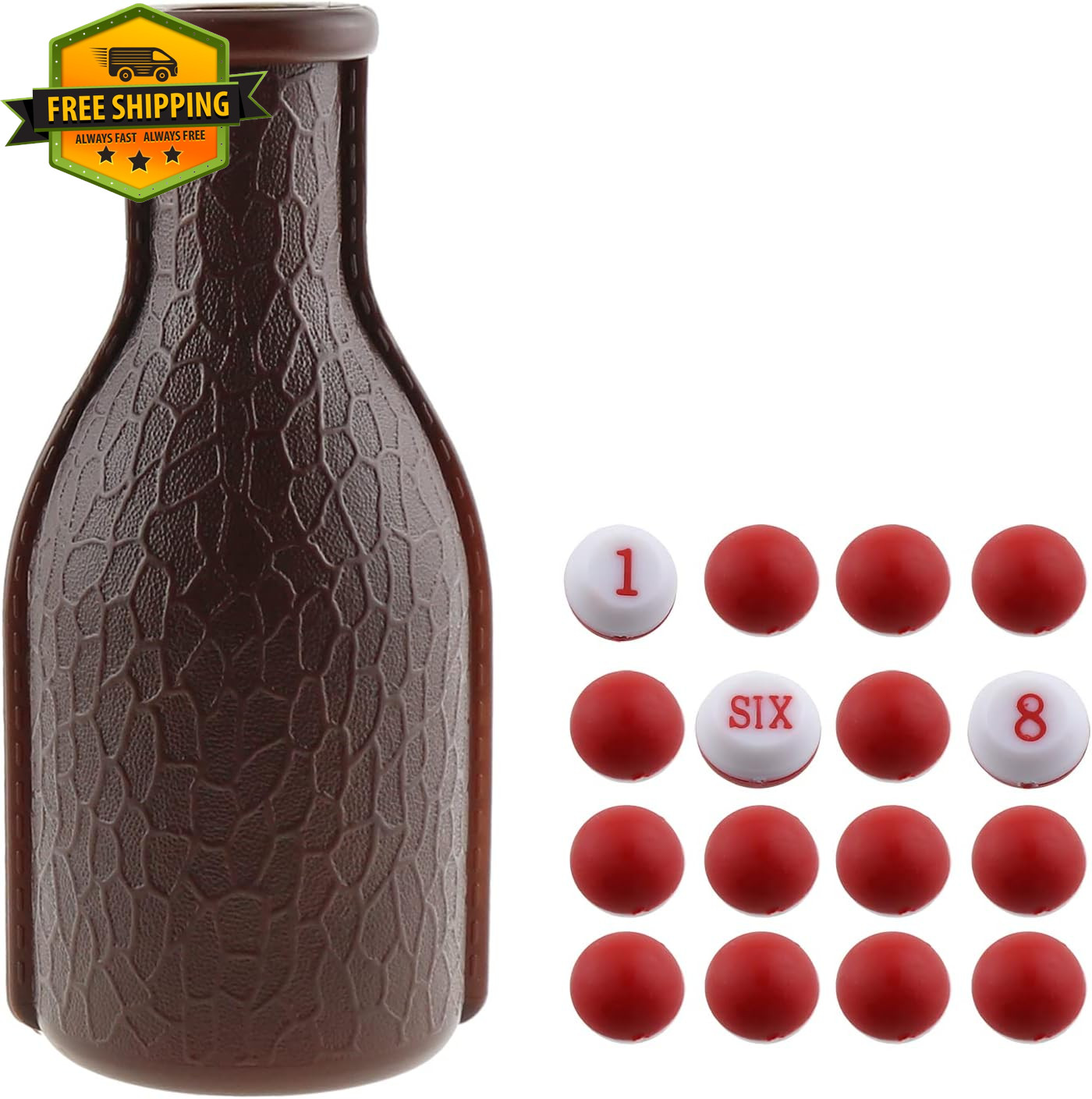 Billiard Kelly Pool Shaker Bottle with 16 Red White Tally Pea Balls Brown