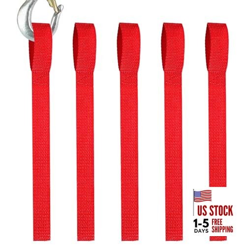 5 Piece Winch Hook Pull Straps 11'' Long Nylon Winch Strap 1 '' Wide Red