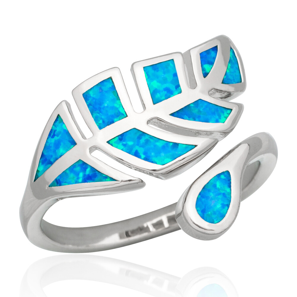 Tree Leaf Blue Fire Opal Silver Jewelry Bypass Wrap Ring Fit Size 7 8 9