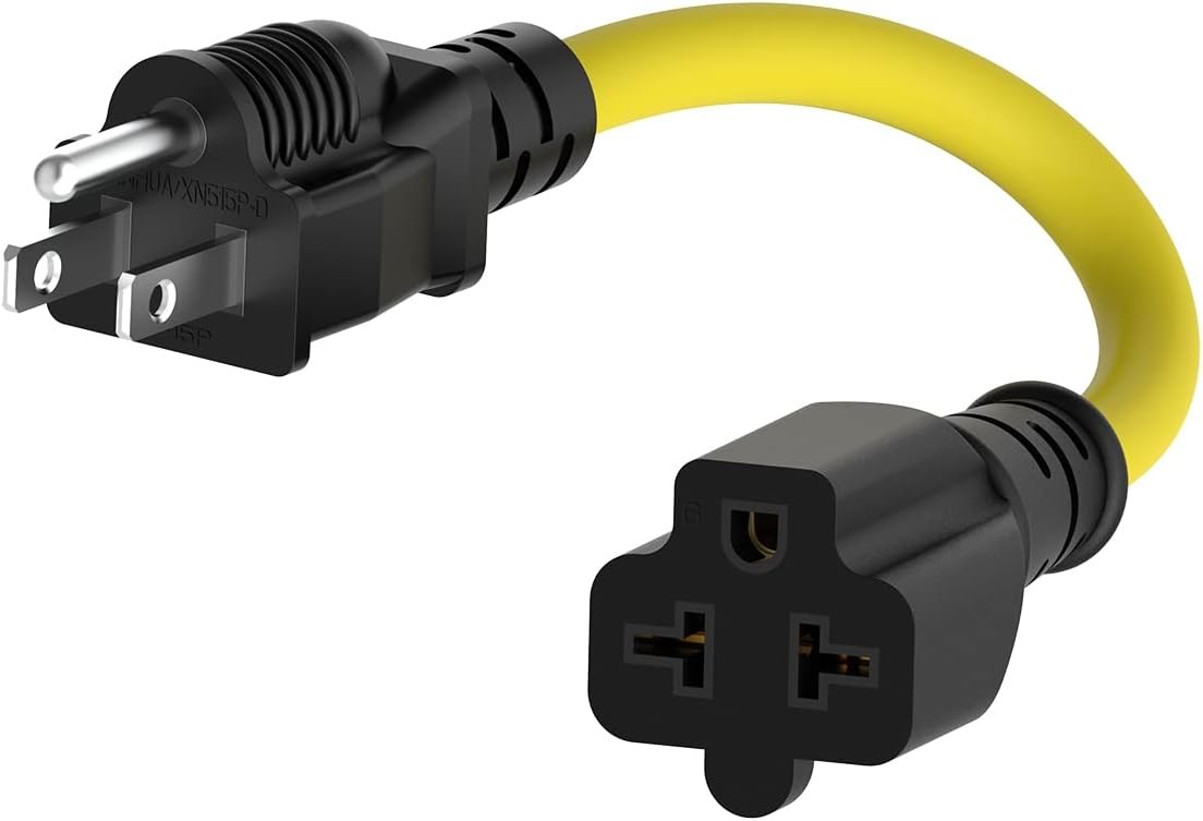 1-FT 15 Amp Household AC Plug to 20 Amp T Blade Adapter Cable 12AWG Nema 5-15P t