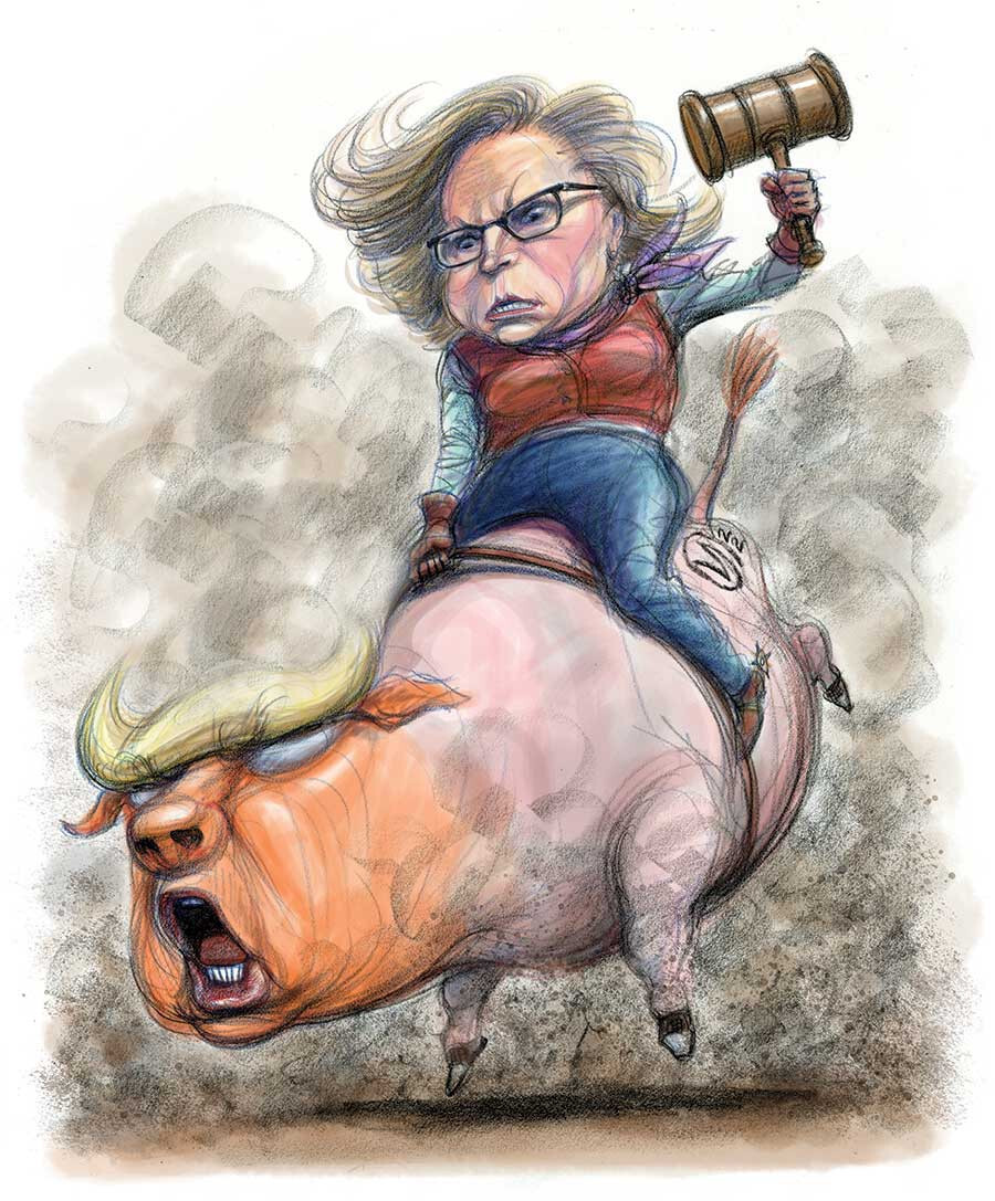 LIZ CHENEY ON TRUMP BUCKING BRONCO PIG CARTOON HUMOROUS FRIDGE MAGNET 5" X 3.5"
