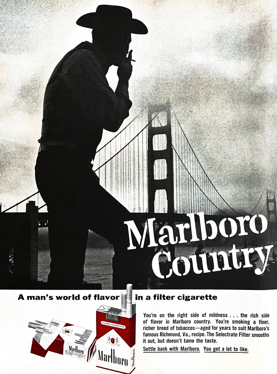 1963 MARLBORO Original Vintage Print Ad Cigarettes Cowboy Bridge 10" x 14"