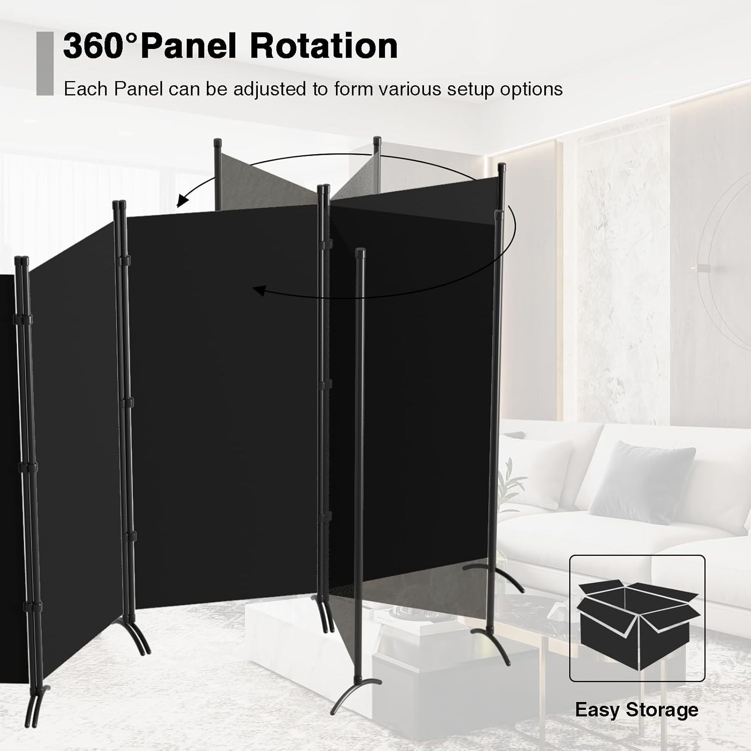 6-Panel Folding Room Divider 6FT Rolling Privacy Screen /Black