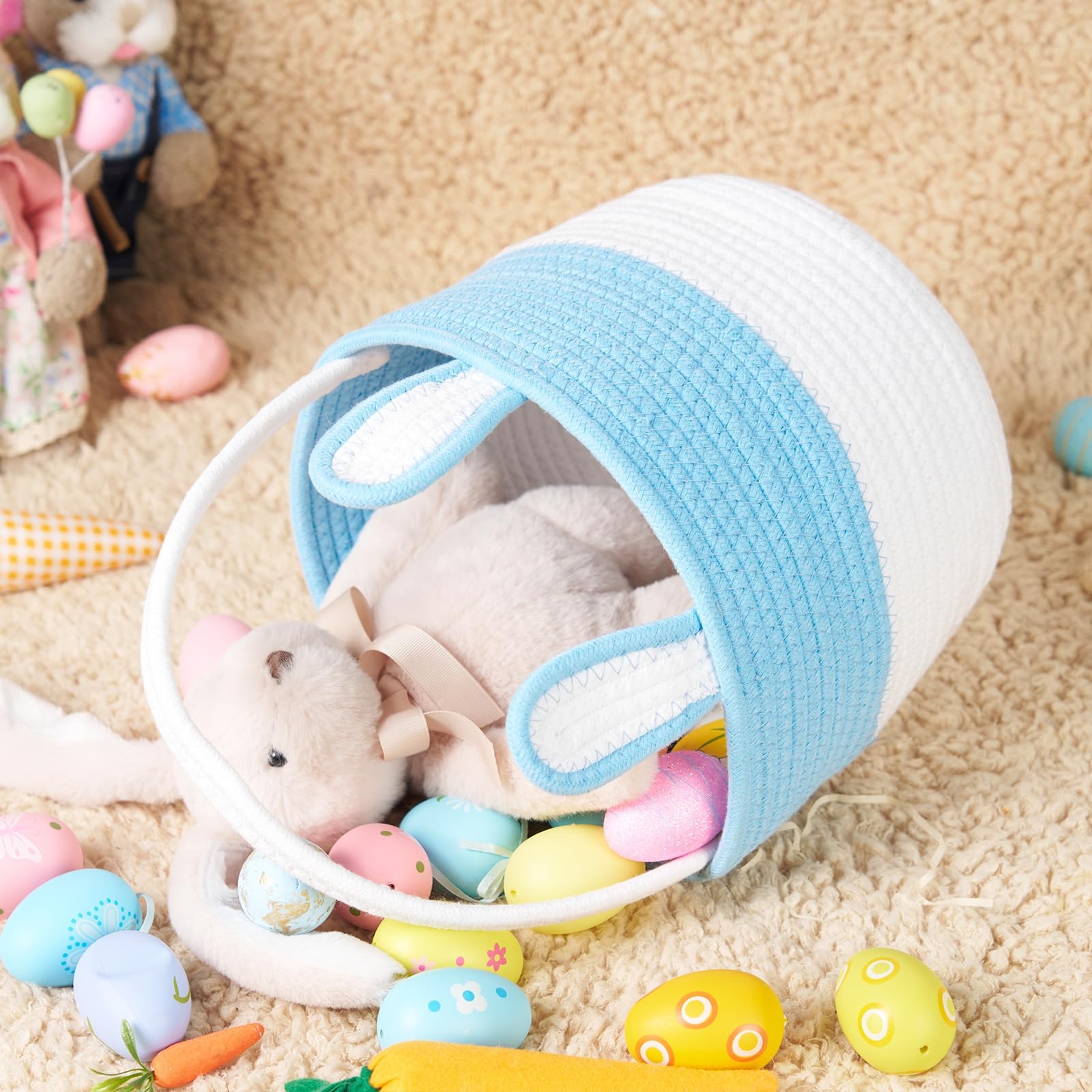 Blue White Cotton Rope Easter Bunny Basket Empty With Handle Velvet Drawstring