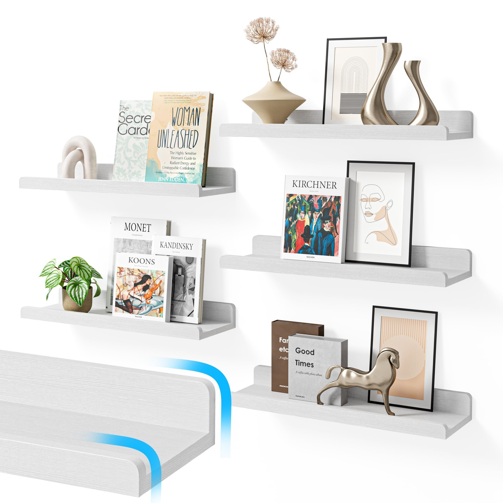 16’’White Floating Shelves for Wall with Anti-Crash Design Set of 6,Nursery B...