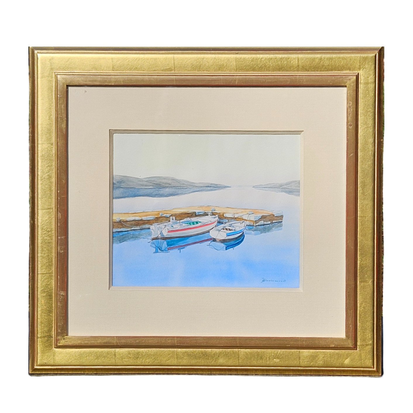 Original Rinaldo Skalamera Watercolor Painting Boats in Harbor "Summer Morning"