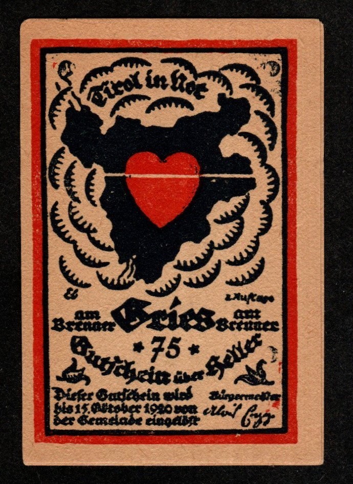 1920 AUSTRIA 75 HELLER BANKNOTE GRIES AM BRENNER - NOTGELD