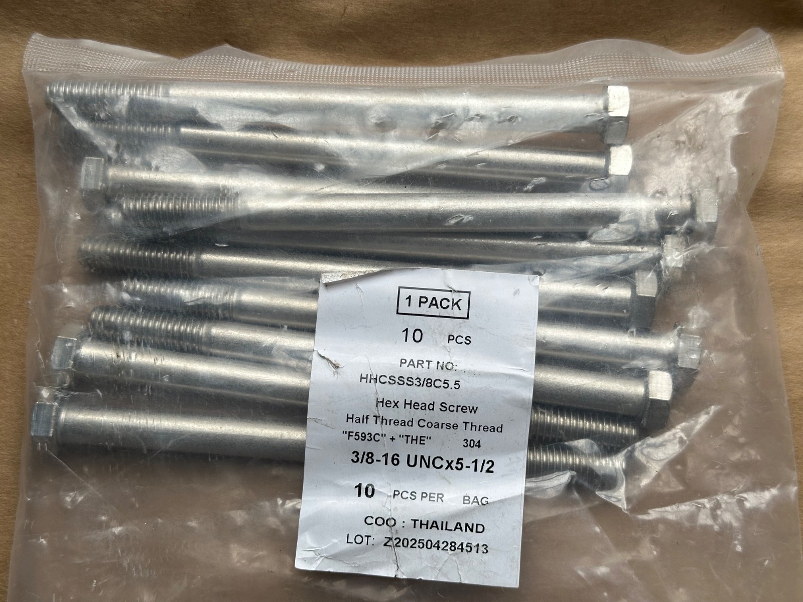 10x HHCSSS3/8C5.5 3/8-16 X 5-1/2 Hex Head Screw SS 304 Stainless Steel F593C THE