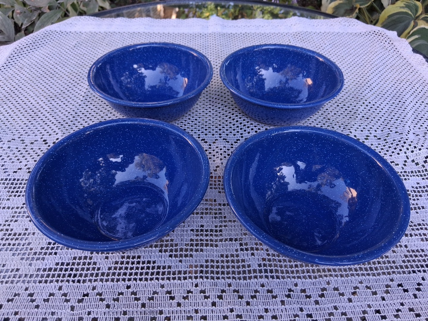 Vintage Blue Speckled Enamelware 6" Bowls Set Of 4